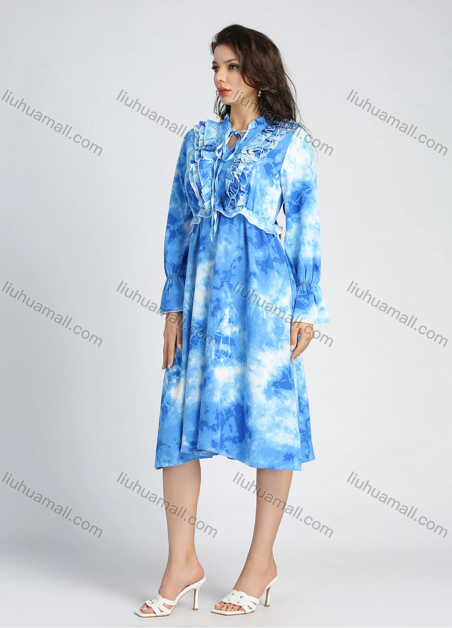 Wholesale Women's Tie Dye Ruffle Trim Tie Neck Bell Sleeve Knee Length Dress - Liuhuamall