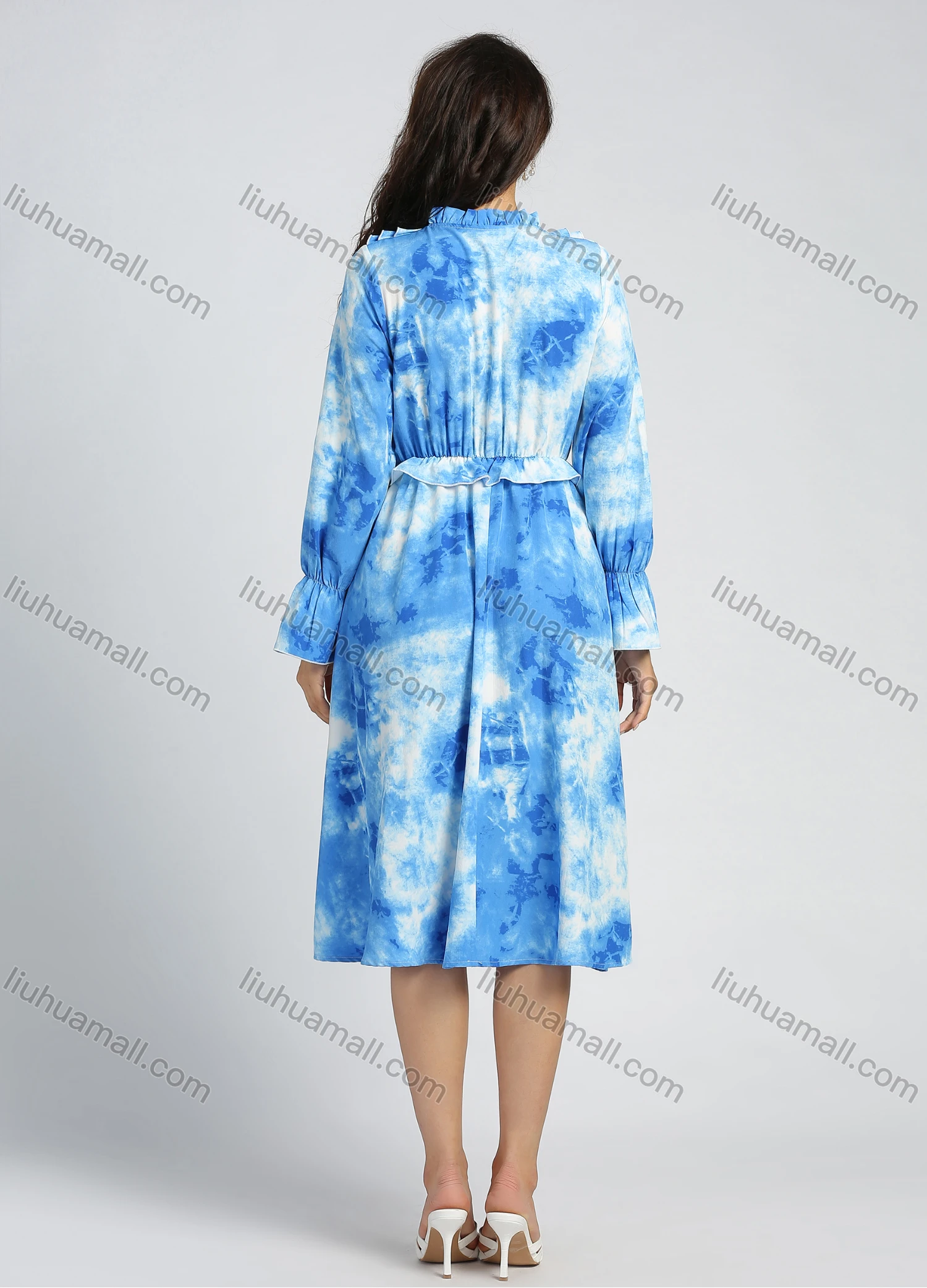 Wholesale Women's Tie Dye Ruffle Trim Tie Neck Bell Sleeve Knee Length Dress - Liuhuamall