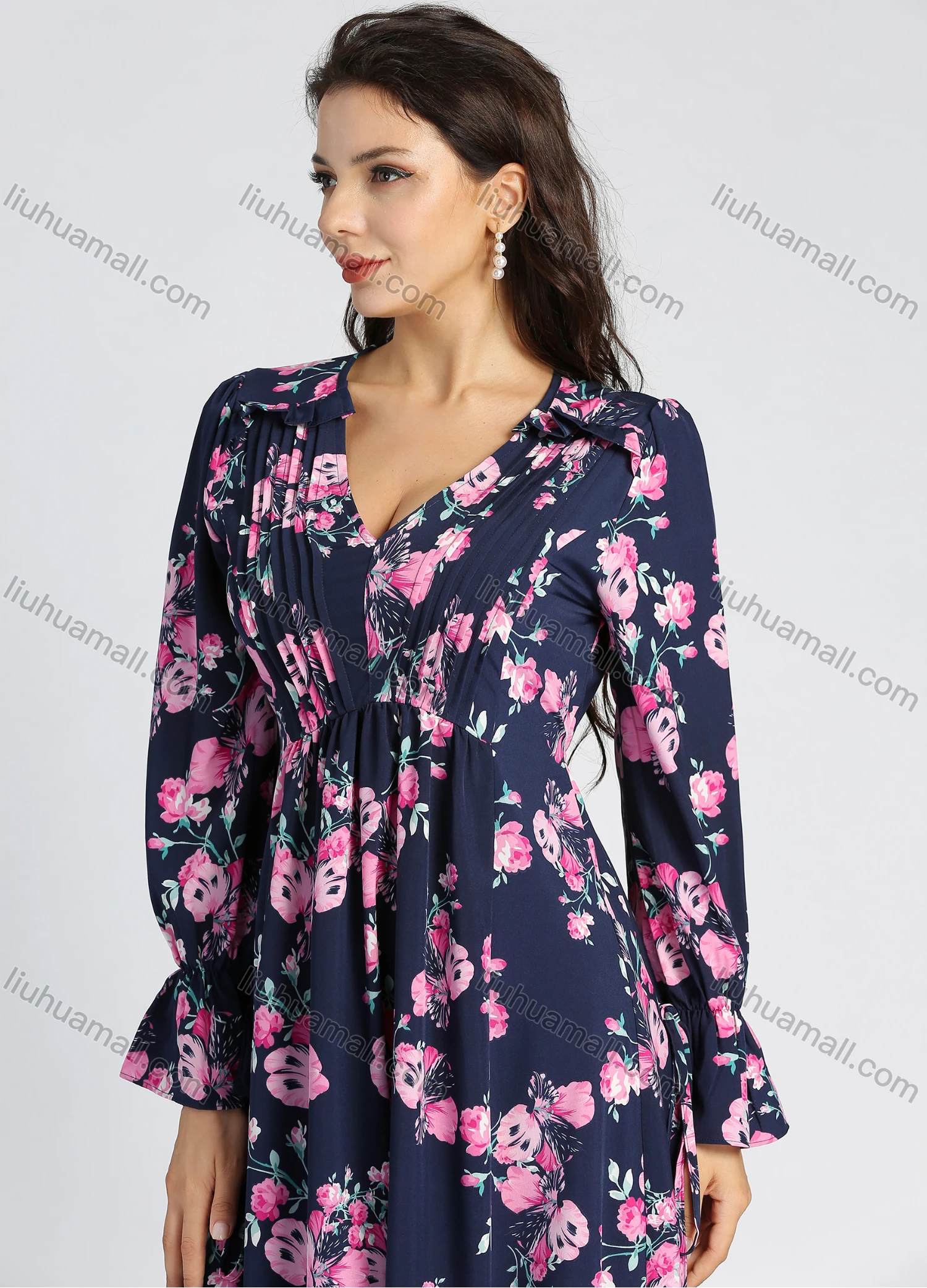 Wholesale Women's Allover Floral Print Long Bell Sleeve Pleated V Neck Flared Midi Dress - Liuhuamall