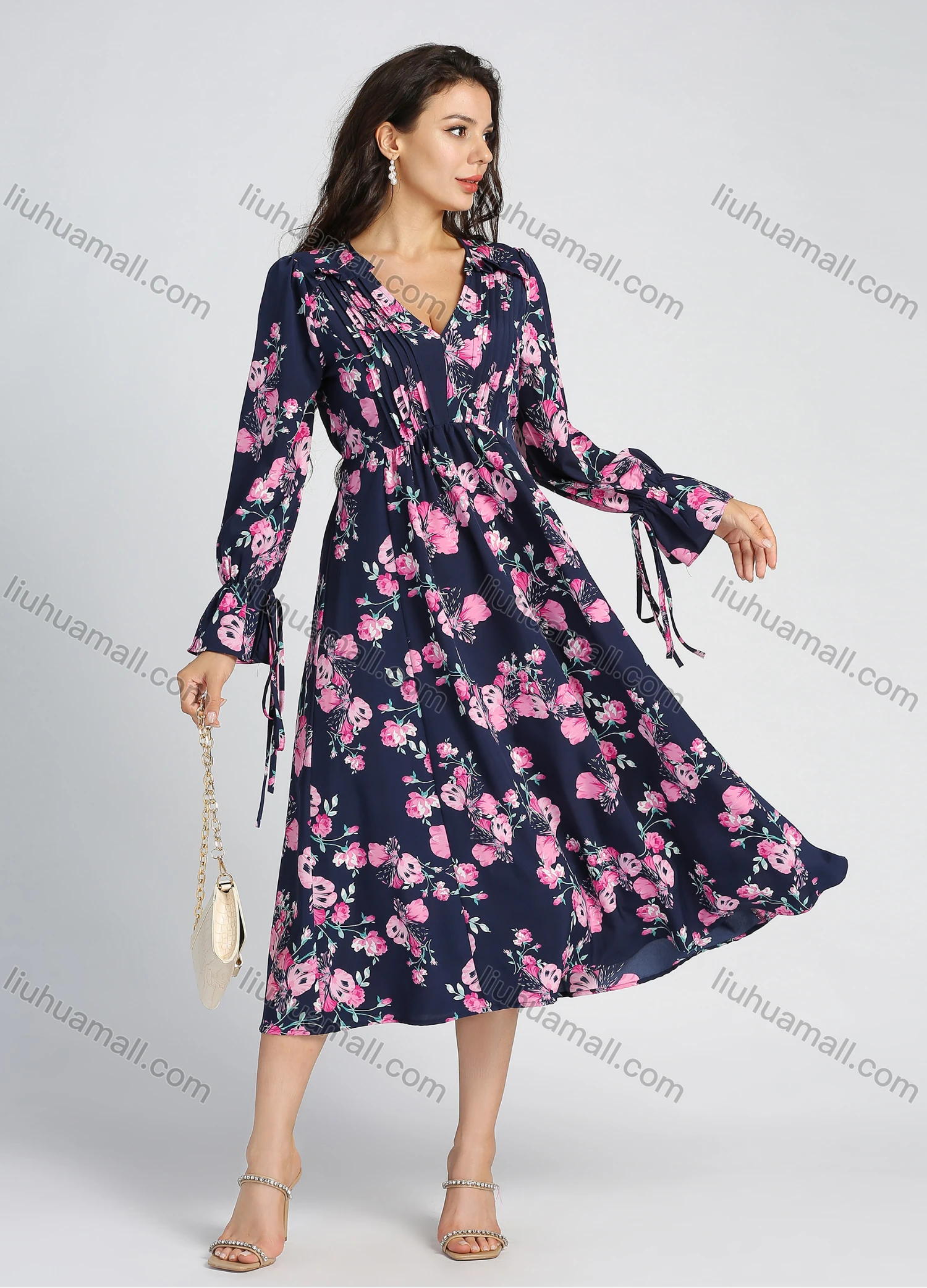Wholesale Women's Allover Floral Print Long Bell Sleeve Pleated V Neck Flared Midi Dress - Liuhuamall