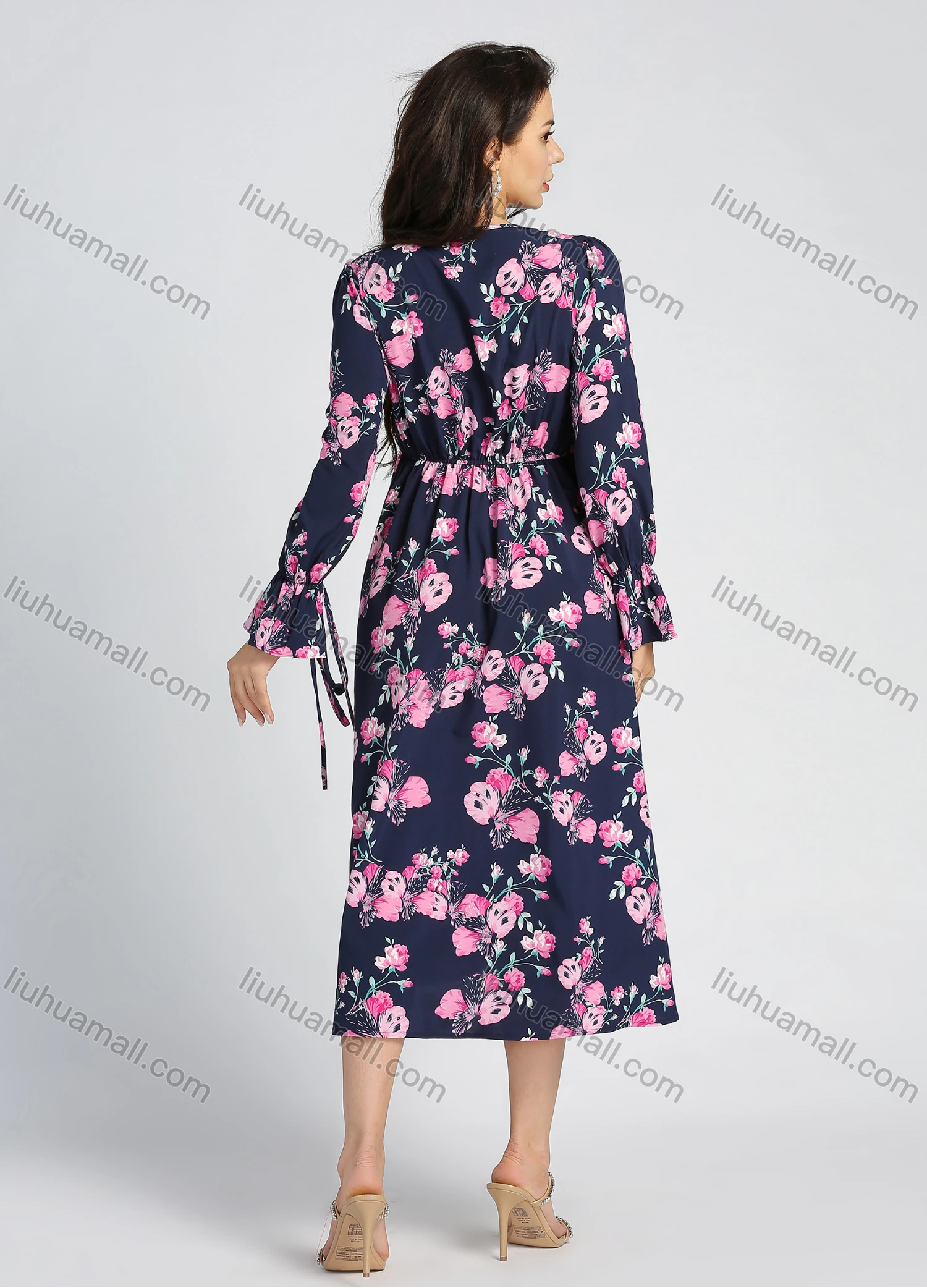 Wholesale Women's Allover Floral Print Long Bell Sleeve Pleated V Neck Flared Midi Dress - Liuhuamall