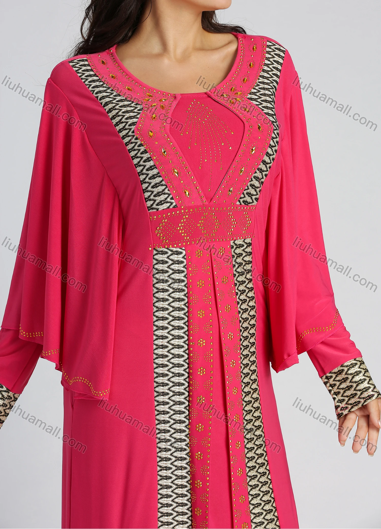 Wholesale Women's Elegant Splicing Rhinestone High Waist Long Sleeve Abaya Round Neck Maxi Dress - Liuhuamall