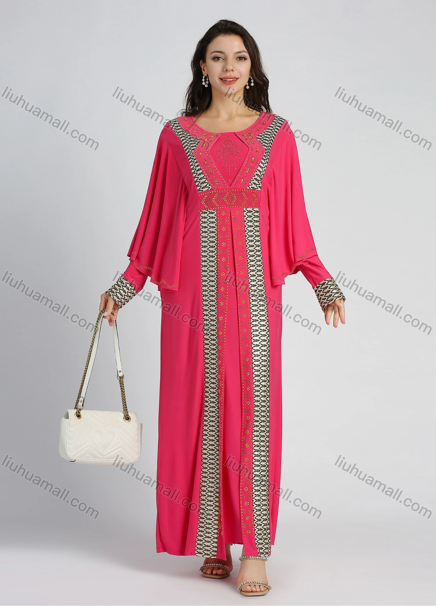 Wholesale Women's Elegant Splicing Rhinestone High Waist Long Sleeve Abaya Round Neck Maxi Dress - Liuhuamall