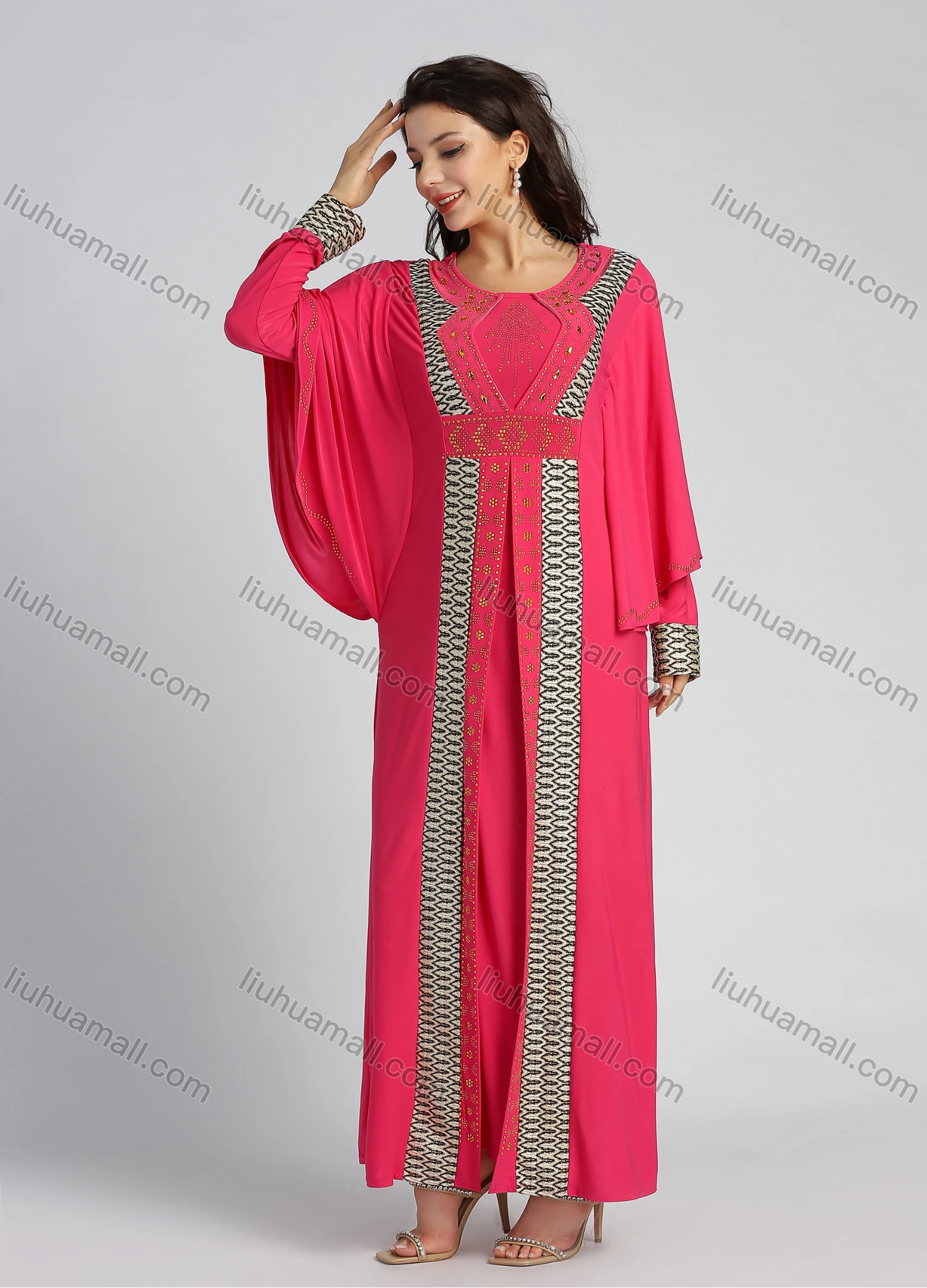 Wholesale Women's Elegant Splicing Rhinestone High Waist Long Sleeve Abaya Round Neck Maxi Dress - Liuhuamall