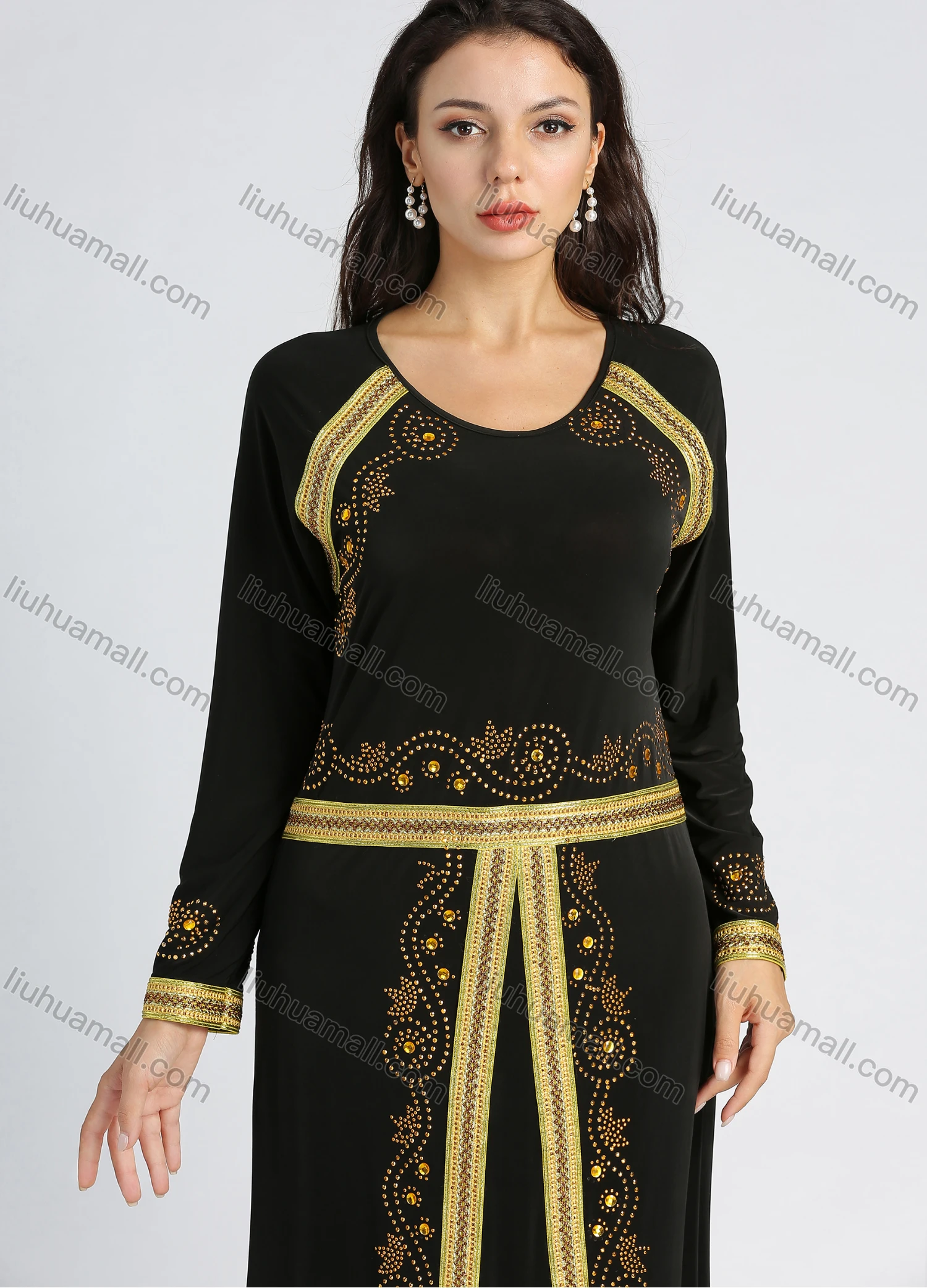 Wholesale Women's Elegant Rhinestone Embroidery Splicing Long Sleeve Abaya Round Neck Maxi Dress - Liuhuamall