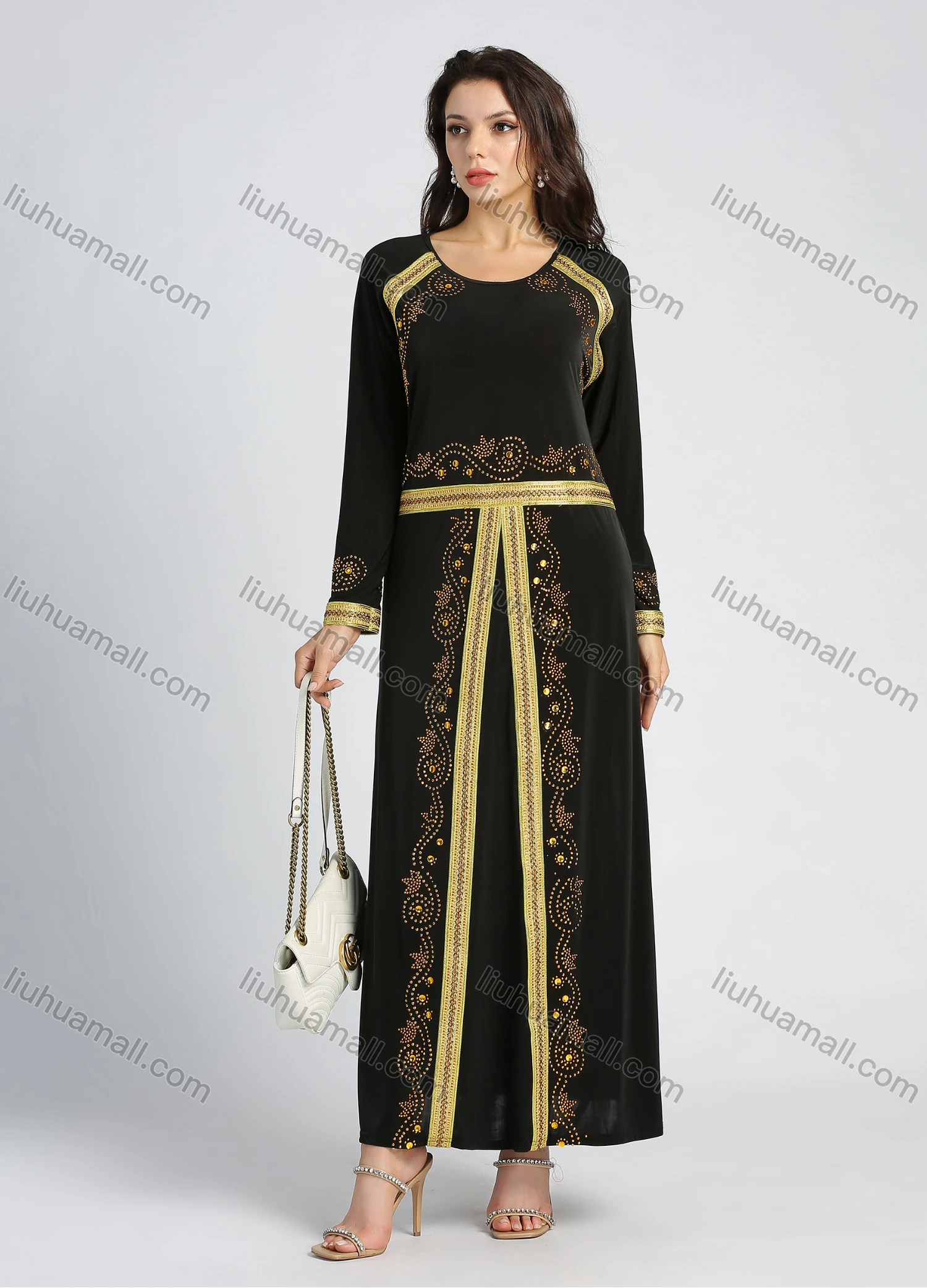 Wholesale Women's Elegant Rhinestone Embroidery Splicing Long Sleeve Abaya Round Neck Maxi Dress - Liuhuamall