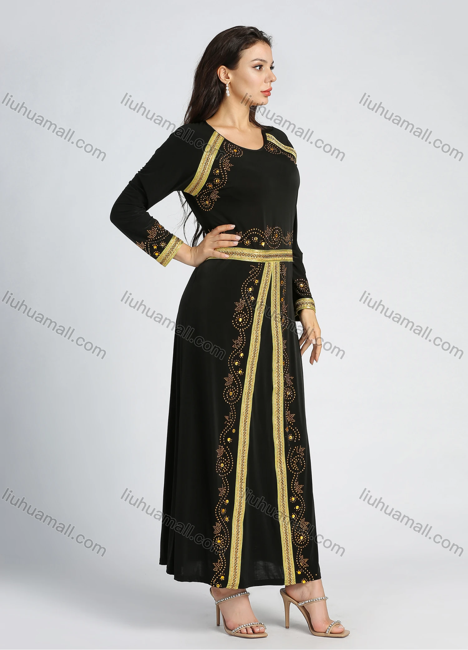 Wholesale Women's Elegant Rhinestone Embroidery Splicing Long Sleeve Abaya Round Neck Maxi Dress - Liuhuamall