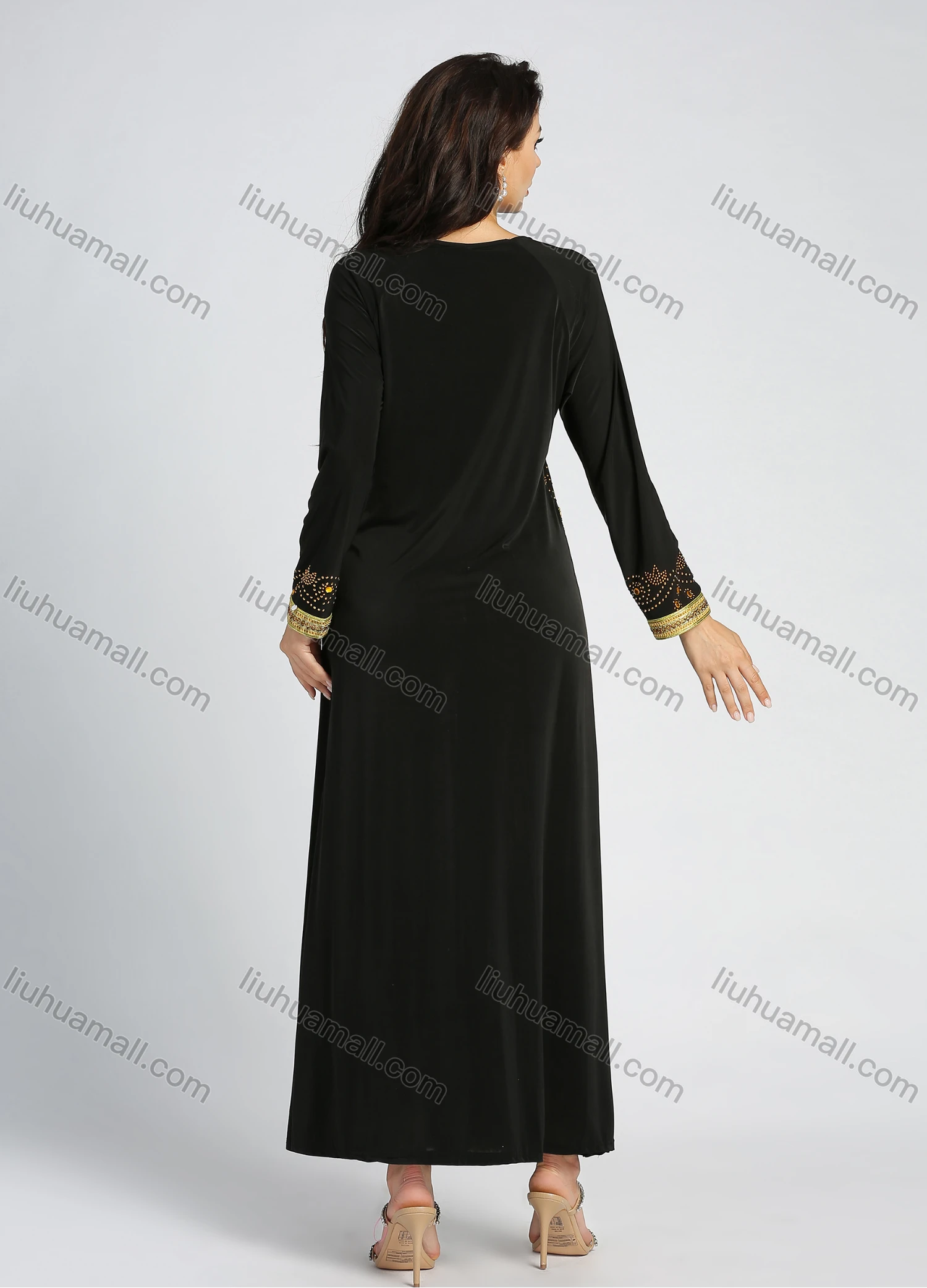 Wholesale Women's Elegant Rhinestone Embroidery Splicing Long Sleeve Abaya Round Neck Maxi Dress - Liuhuamall