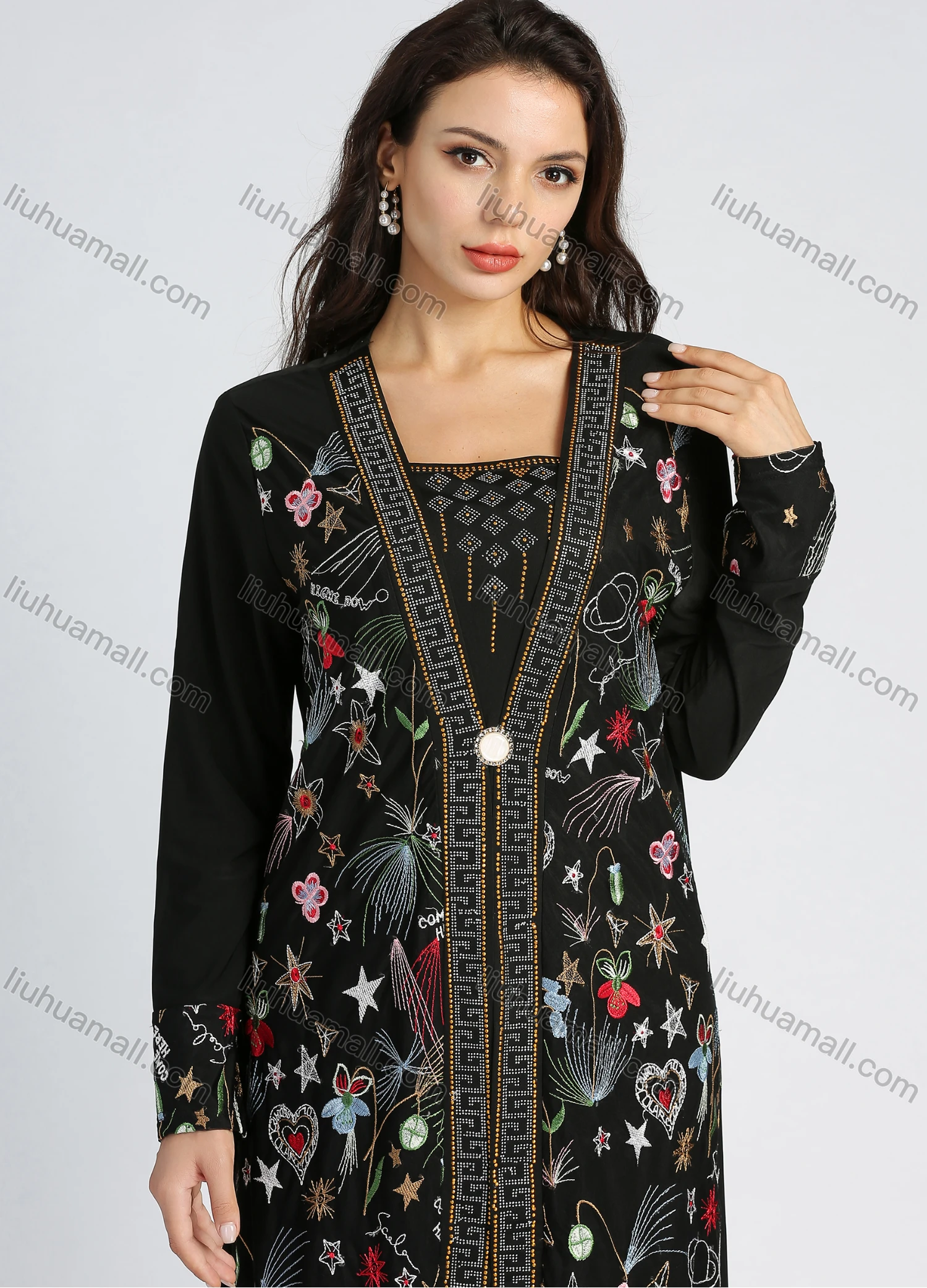 Wholesale Women's Elegant Square Neck Long Sleeve Abaya Rhinestone Embroidery Maxi Dress - Liuhuamall