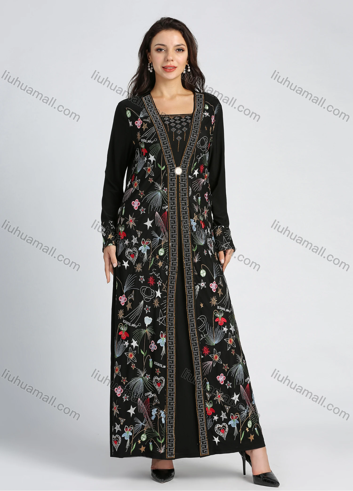 Wholesale Women's Elegant Square Neck Long Sleeve Abaya Rhinestone Embroidery Maxi Dress - Liuhuamall