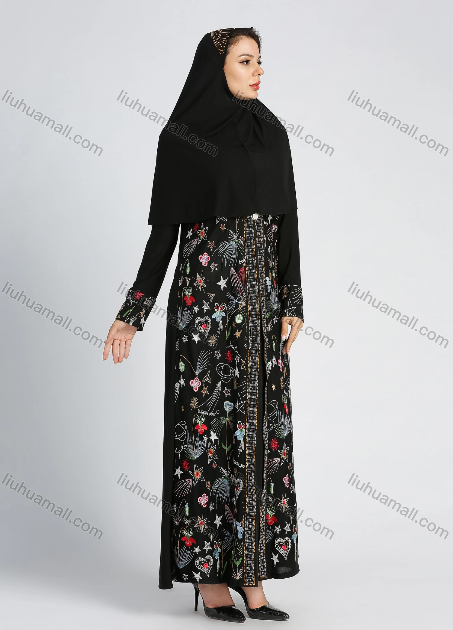 Wholesale Women's Elegant Square Neck Long Sleeve Abaya Rhinestone Embroidery Maxi Dress - Liuhuamall