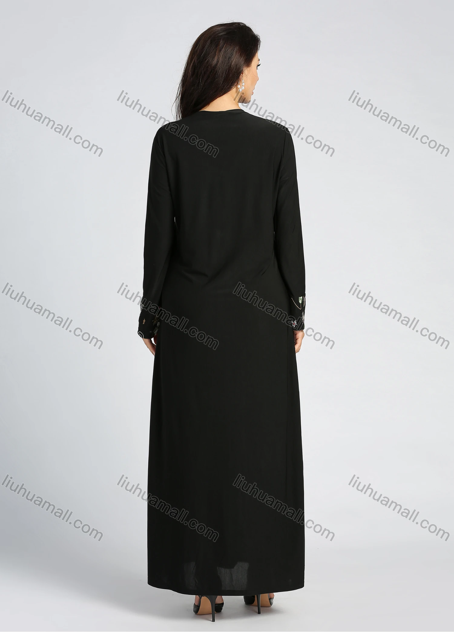 Wholesale Women's Elegant Square Neck Long Sleeve Abaya Rhinestone Embroidery Maxi Dress - Liuhuamall