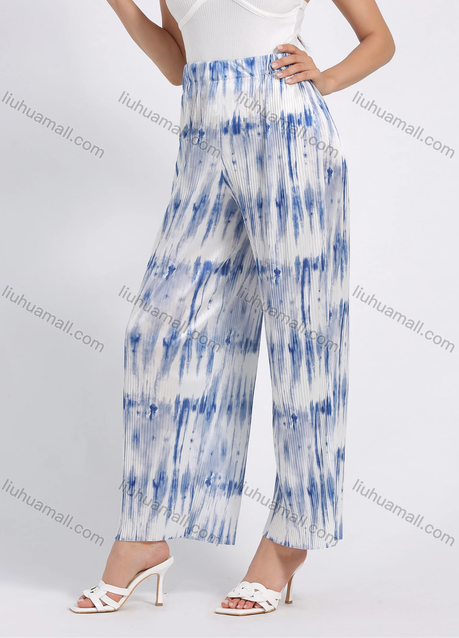 Wholesale Women's Cozy Loose Fit Tie Dye High Waist Pleated Wide Leg Pants - Liuhuamall