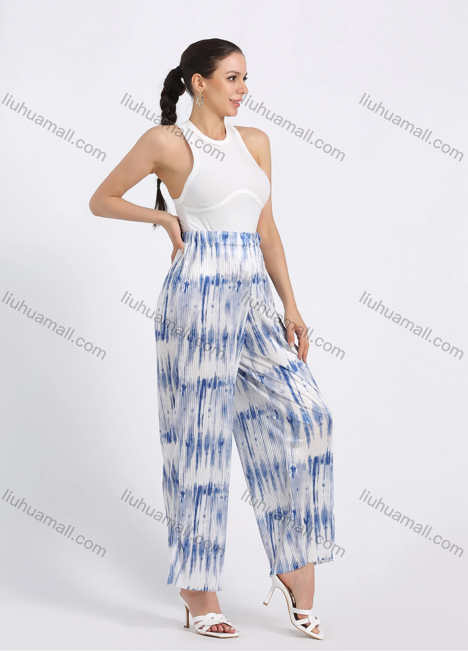 Wholesale Women's Cozy Loose Fit Tie Dye High Waist Pleated Wide Leg Pants - Liuhuamall