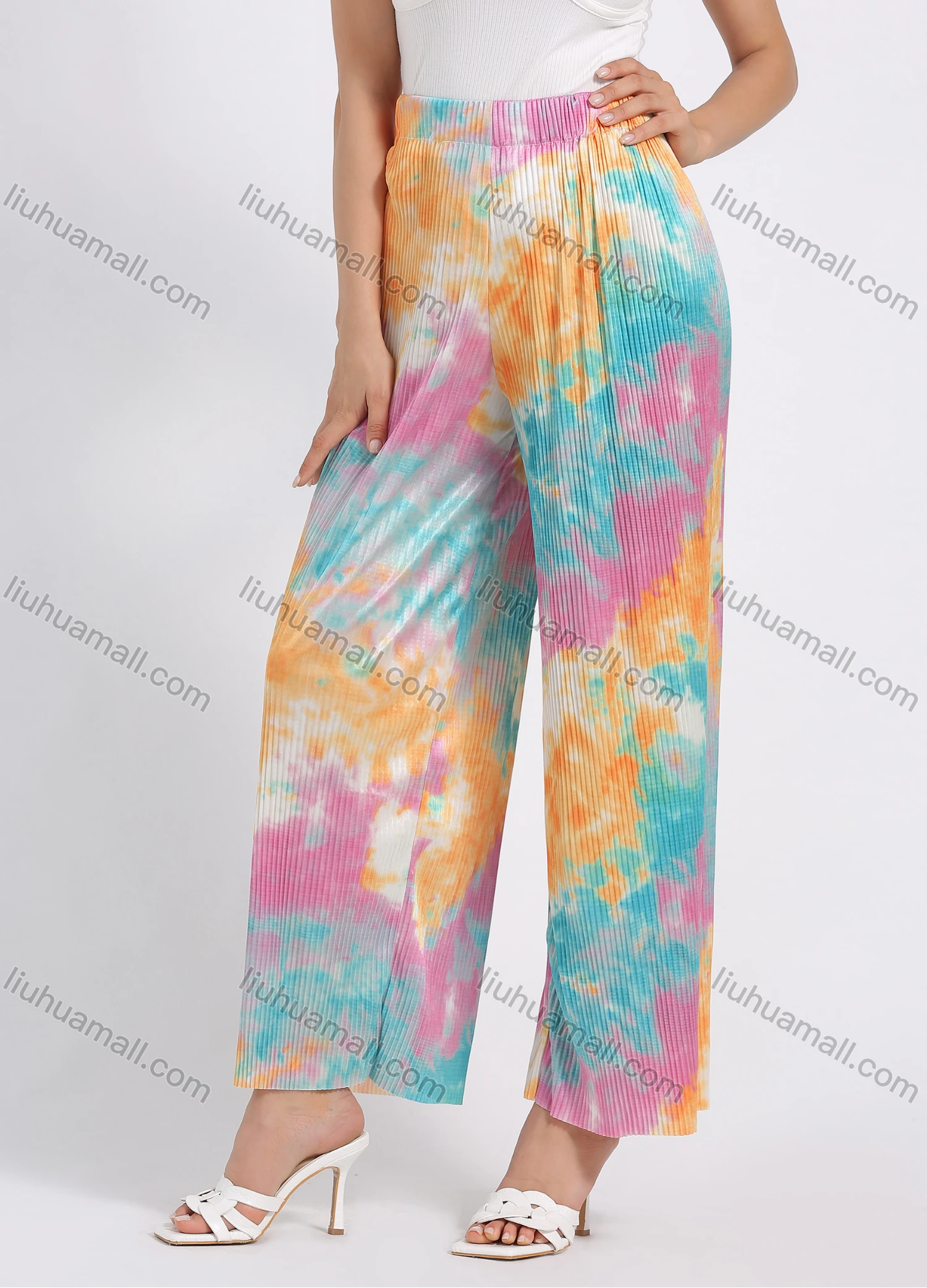 Wholesale Women's Loose Fit Chromatic Tie Dye Pleated Wide Leg Pants - Liuhuamall