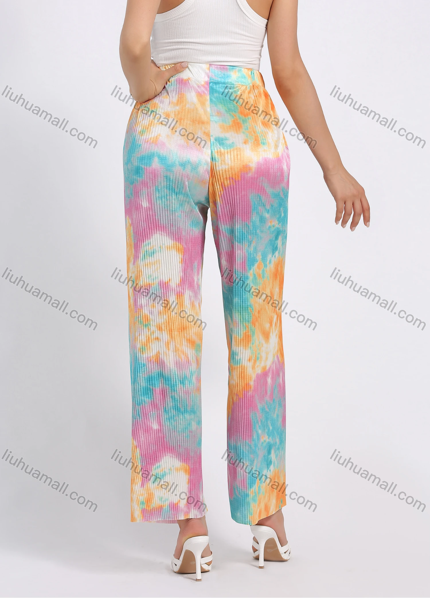 Wholesale Women's Loose Fit Chromatic Tie Dye Pleated Wide Leg Pants - Liuhuamall
