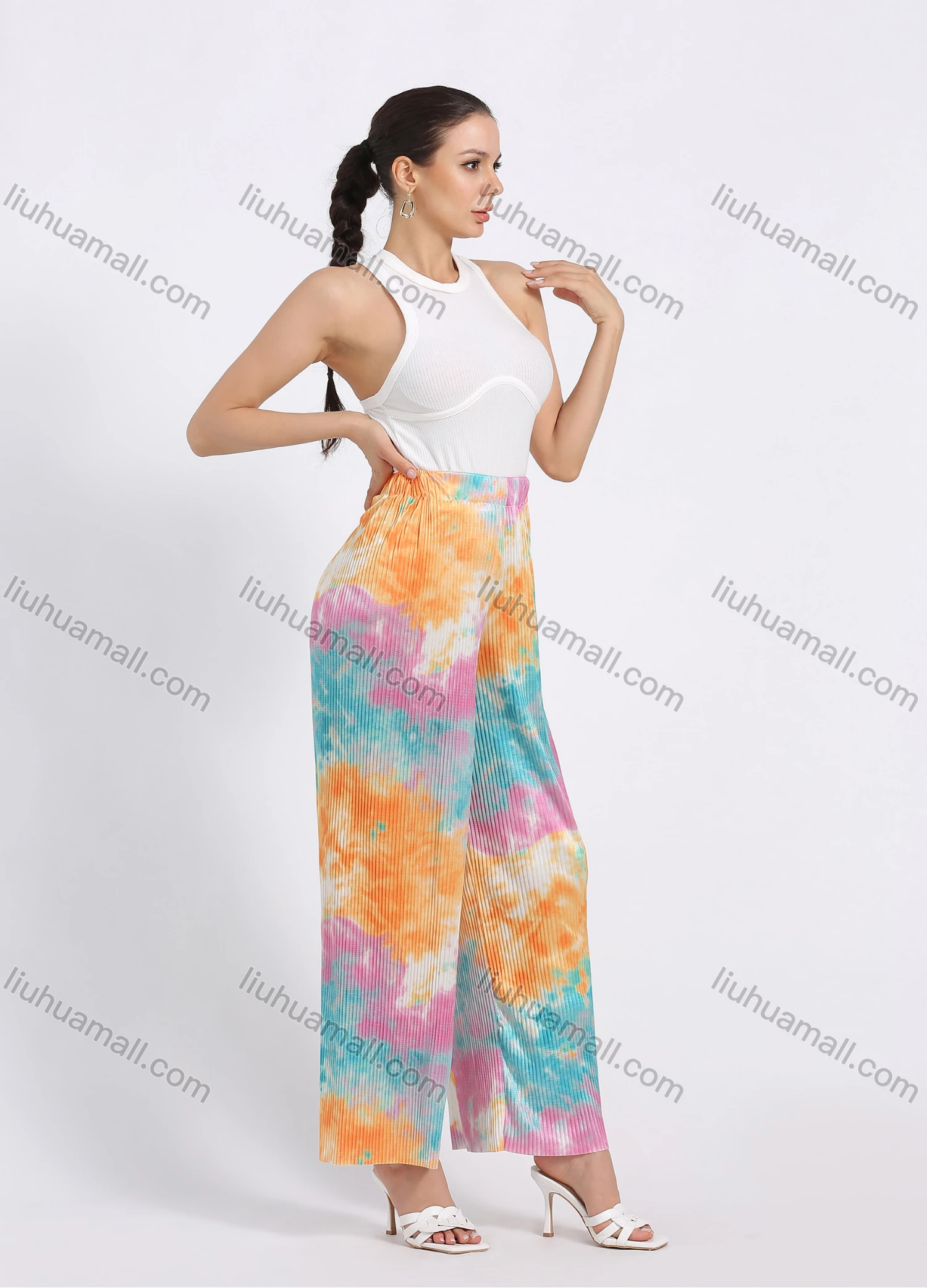 Wholesale Women's Loose Fit Chromatic Tie Dye Pleated Wide Leg Pants - Liuhuamall