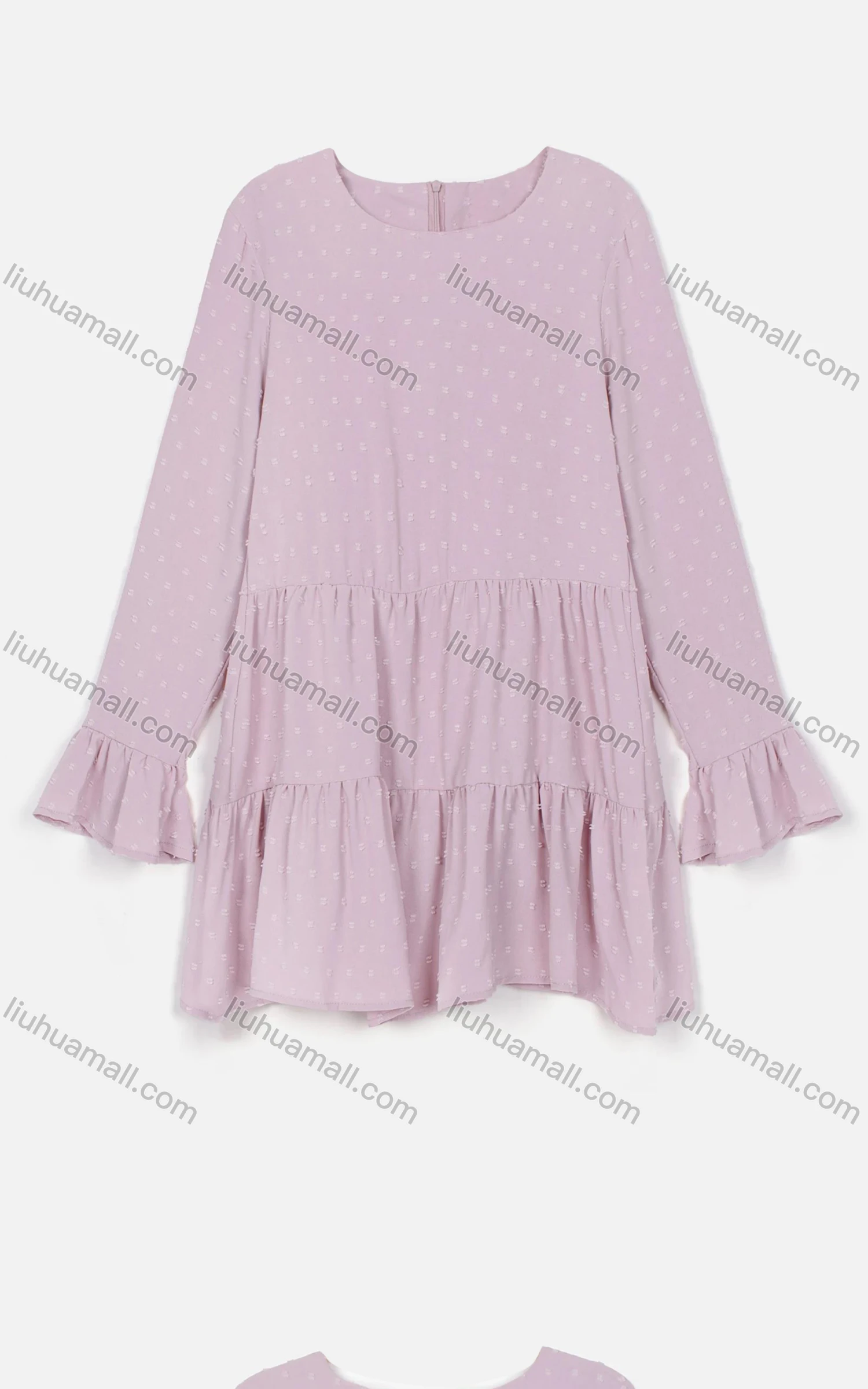 Wholesale Women's Casual Crew Neck Swiss Dot Zip Back Trumpet Sleeve Short Dress - Liuhuamall