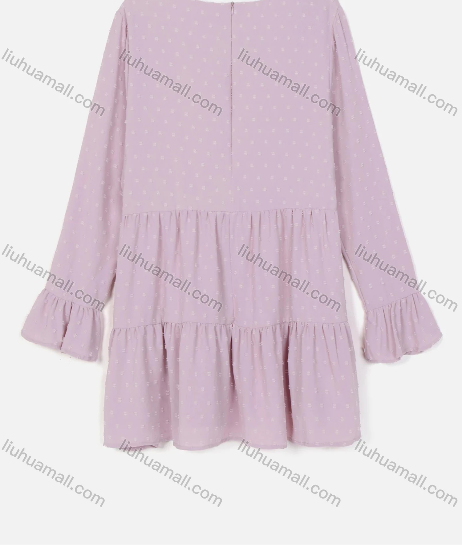 Wholesale Women's Casual Crew Neck Swiss Dot Zip Back Trumpet Sleeve Short Dress - Liuhuamall