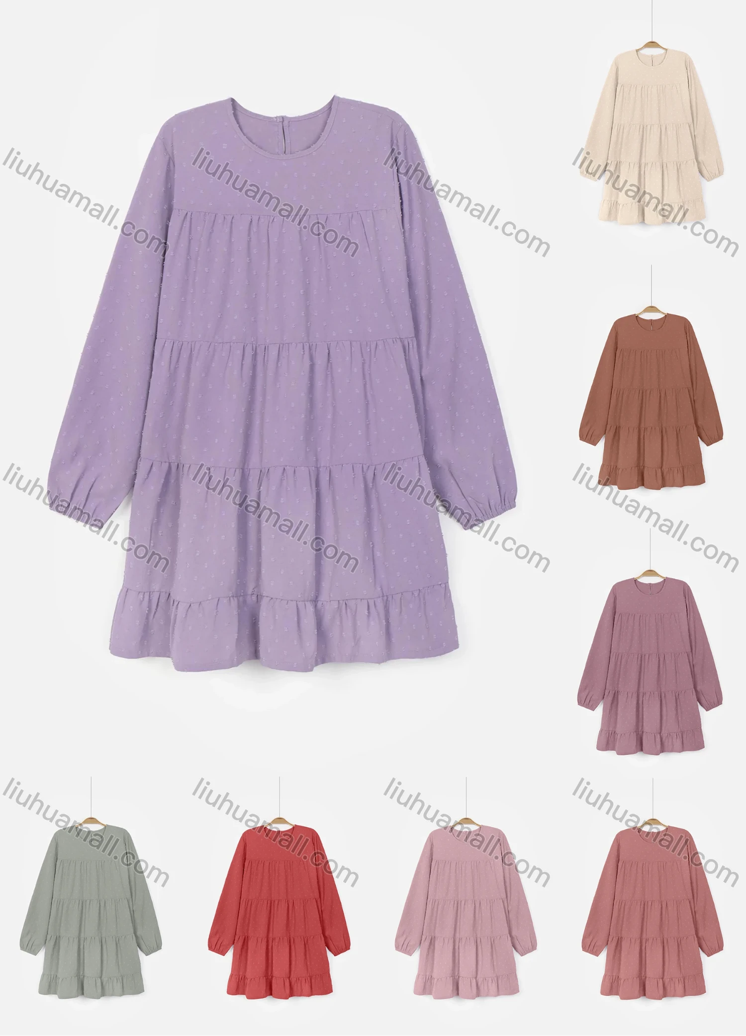 Wholesale Women's Casual Crew Neck Keyhole Back Long Sleeve Layered Short Dress - Liuhuamall