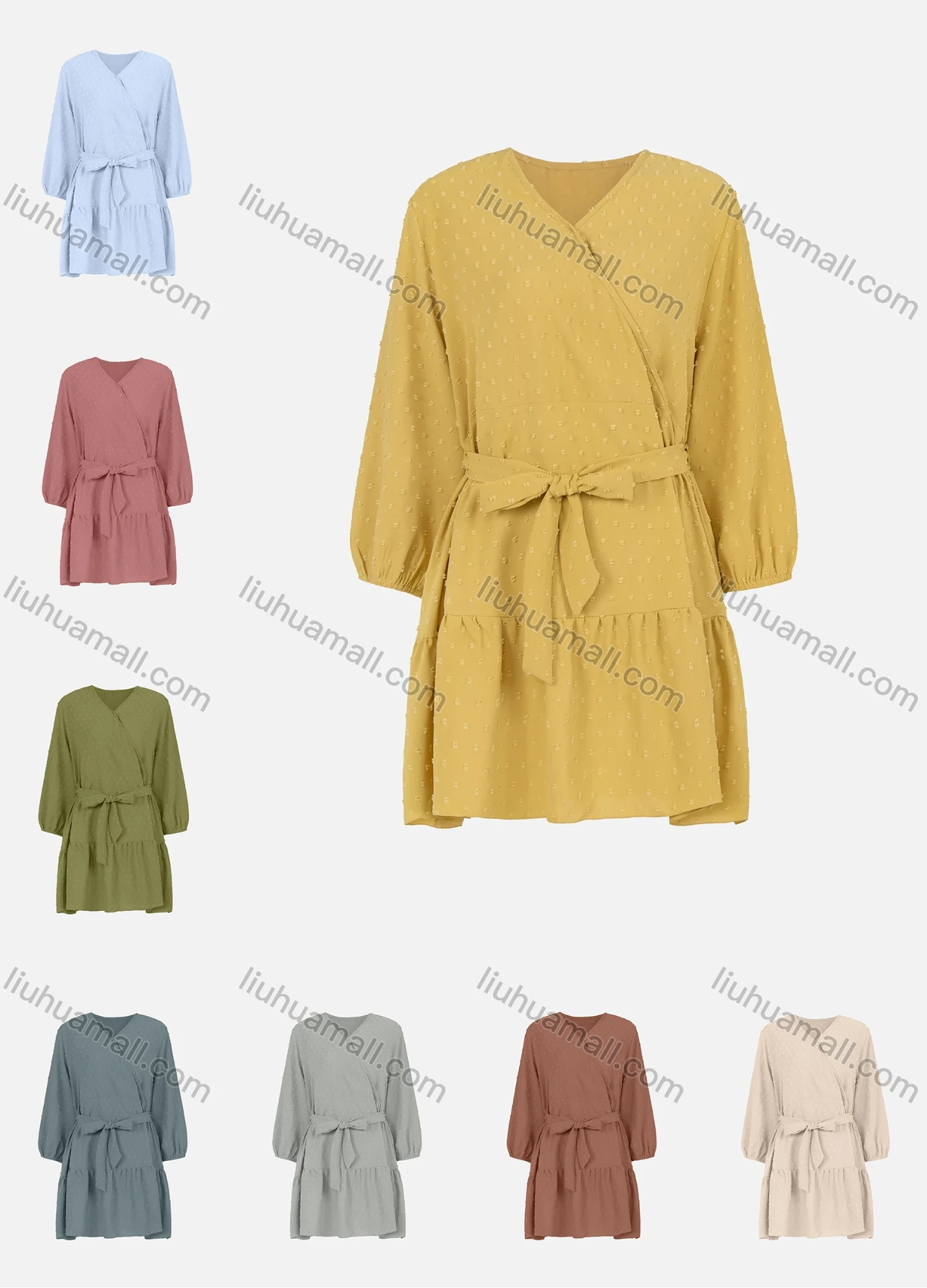 Wholesale Women's Plain V-Neck Swiss Dot Long Sleeve Wrap Dress With Belted - Liuhuamall