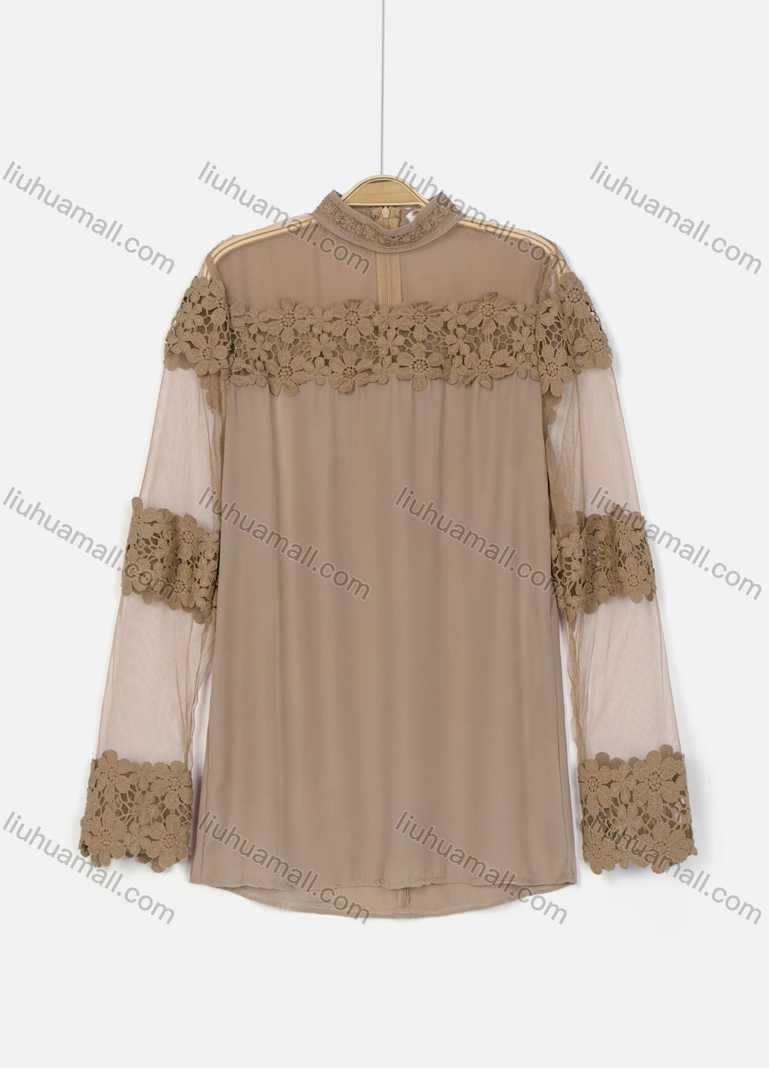 Wholesale Women's Mock Neck Zip Back Long Sleeve Applique Blouse - Liuhuamall