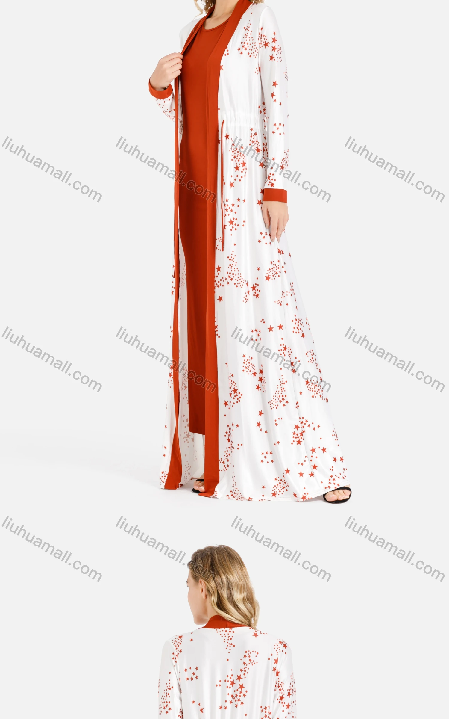 Wholesale Women's Open Front Star Print Maxi Cardigan - Liuhuamall