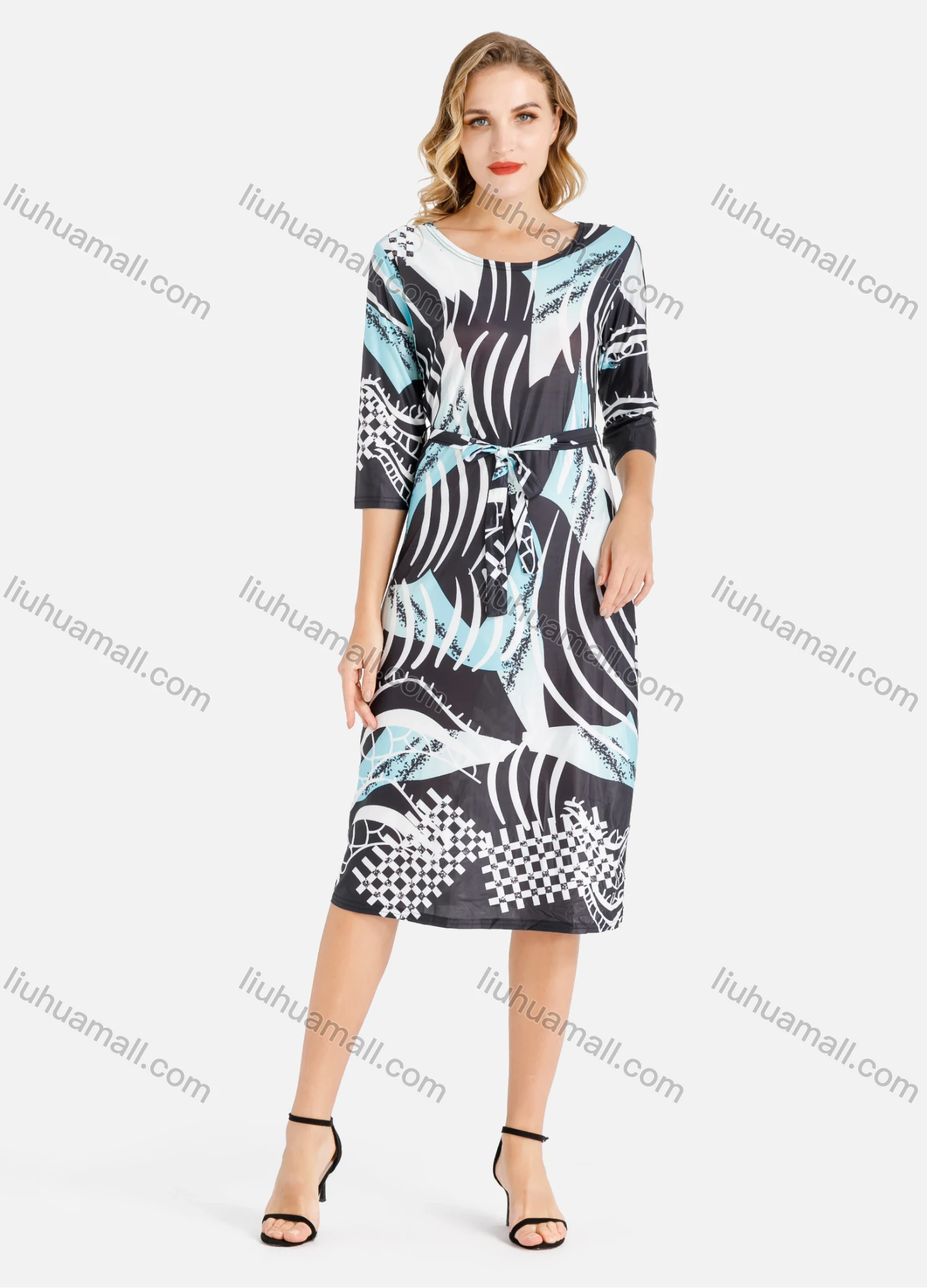 Wholesale Women's Casual Round Neck Abstract Graphic 3/4 Sleeve Midi Dress With Belt - Liuhuamall