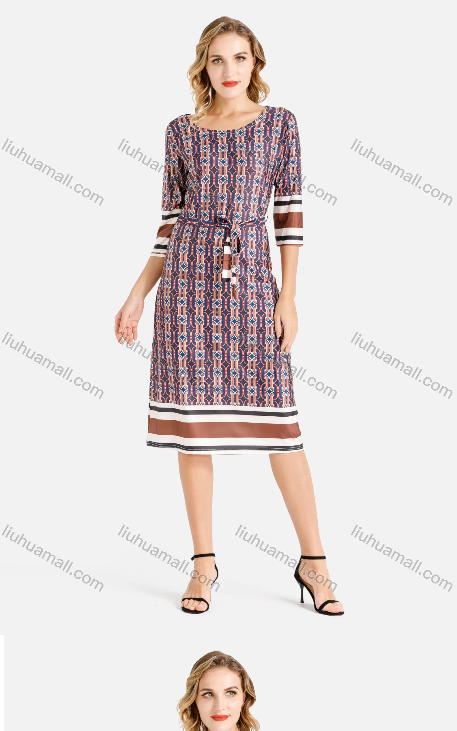 Wholesale Women's Casual Round Neck Folk Art Lace Up A-line Dress - Liuhuamall