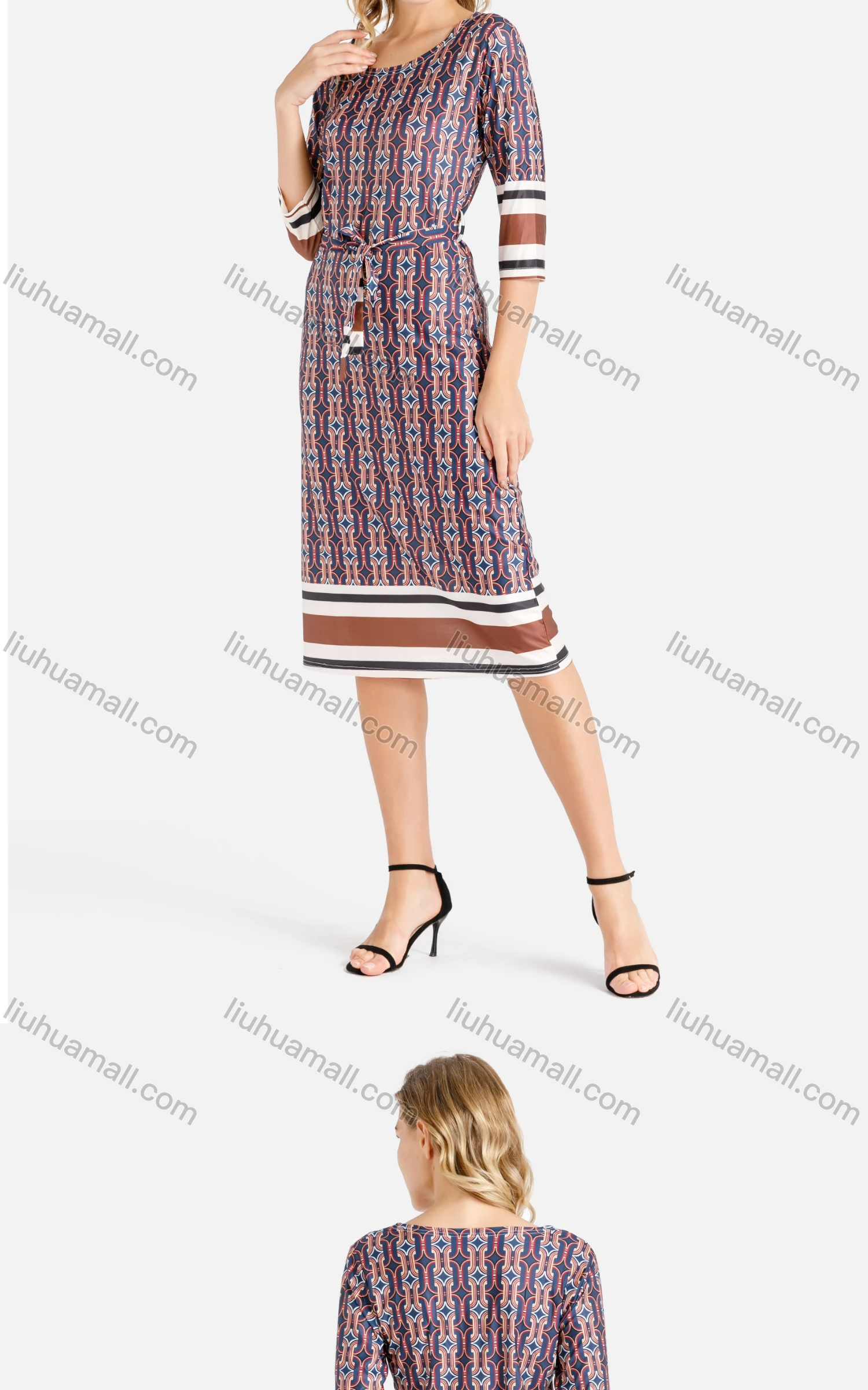 Wholesale Women's Casual Round Neck Folk Art Lace Up A-line Dress - Liuhuamall