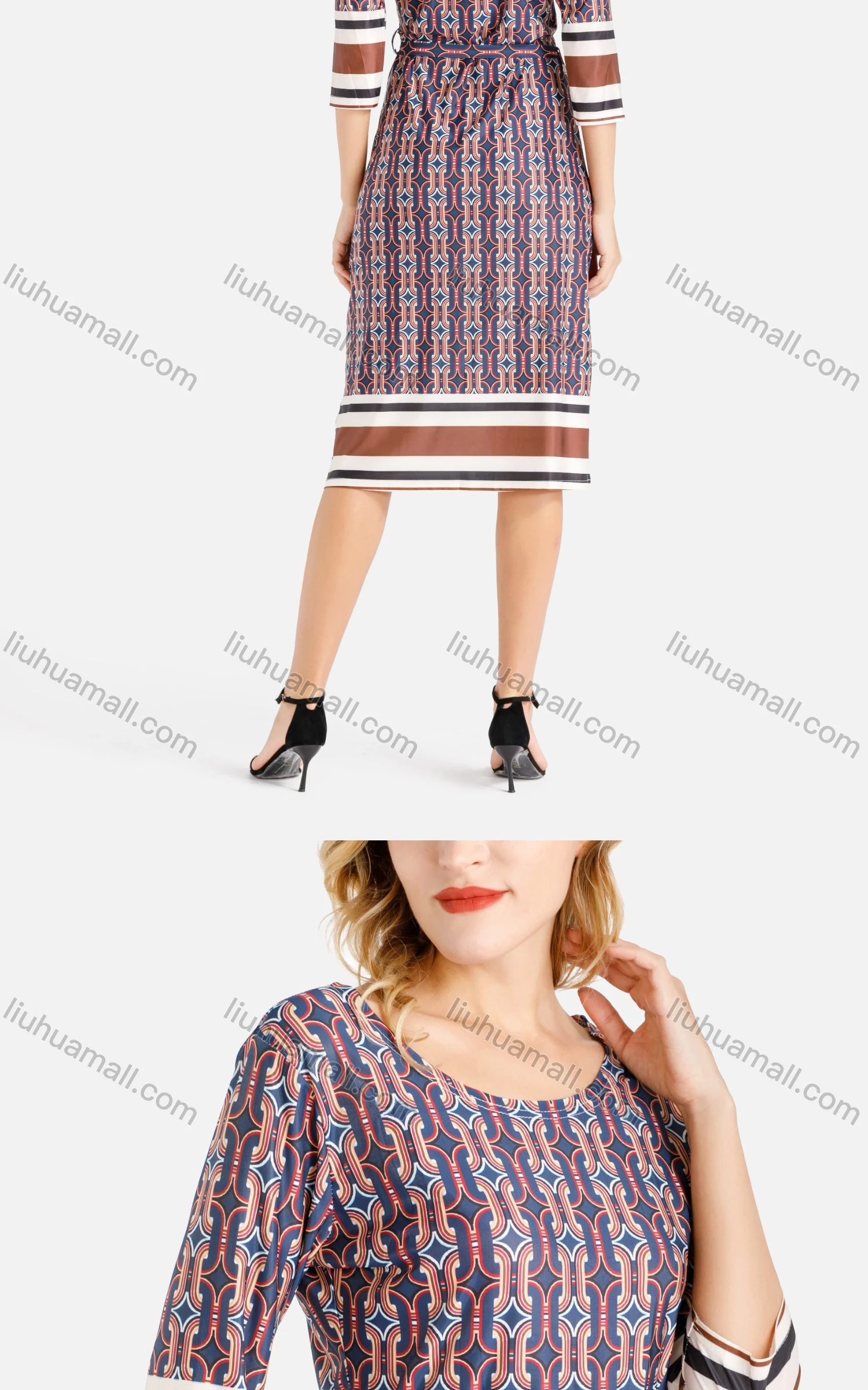 Wholesale Women's Casual Round Neck Folk Art Lace Up A-line Dress - Liuhuamall