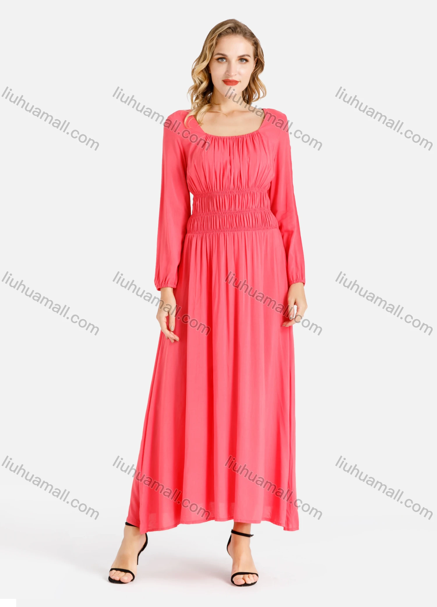 Wholesale Women's Casual Square Neck Plain Ruched Long Sleeve Maxi Dress - Liuhuamall