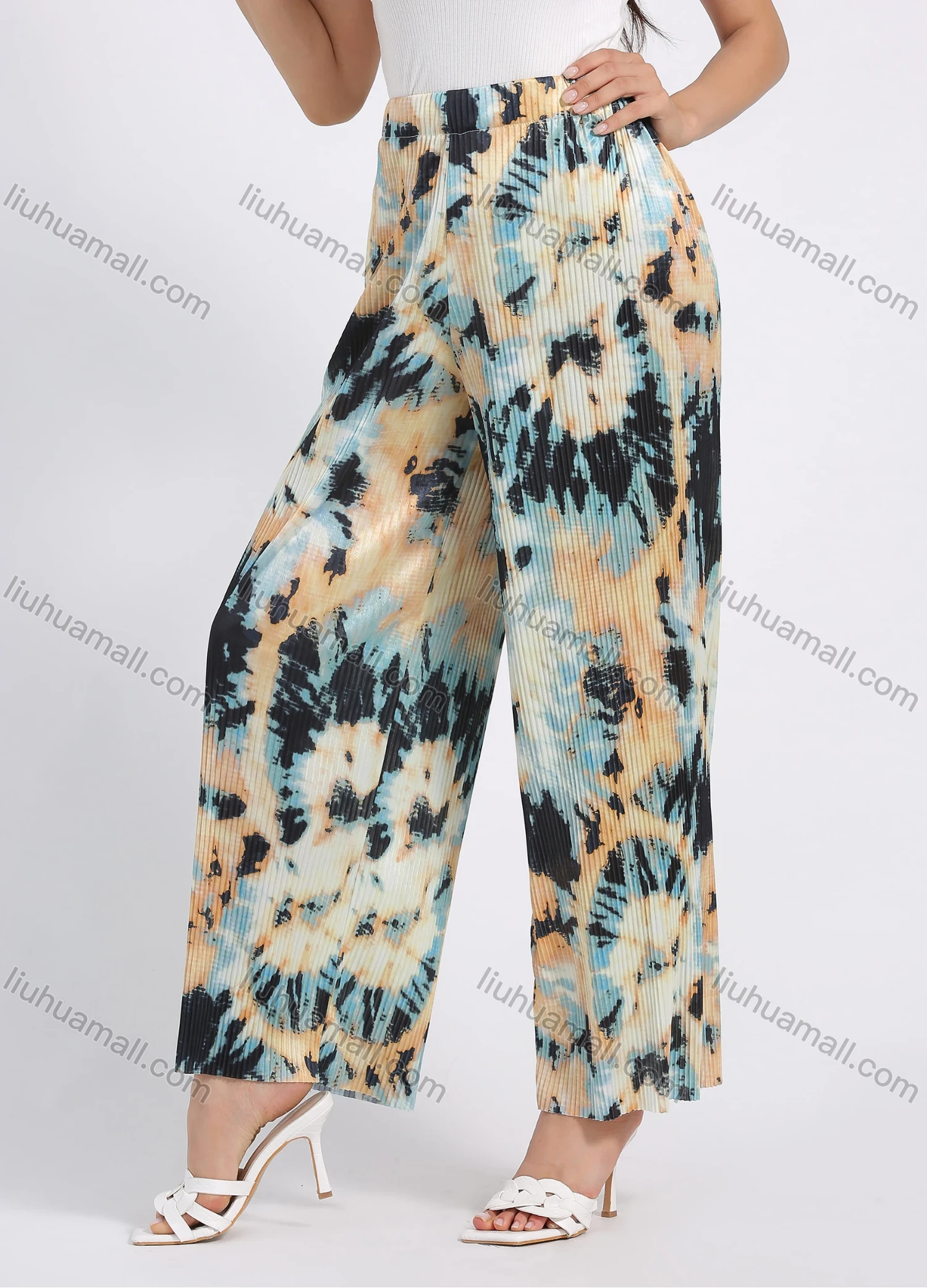 Wholesale Women's Casual Losse Fit Tie Dye High Waist Pleated Wide Leg Pants - Liuhuamall