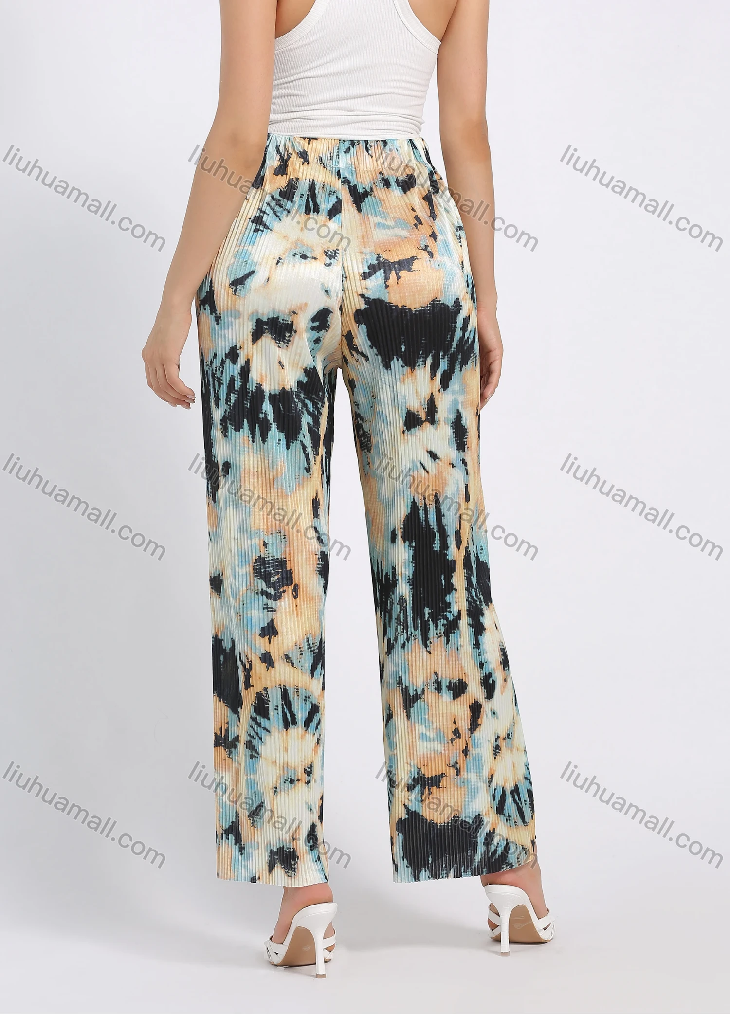 Wholesale Women's Casual Losse Fit Tie Dye High Waist Pleated Wide Leg Pants - Liuhuamall