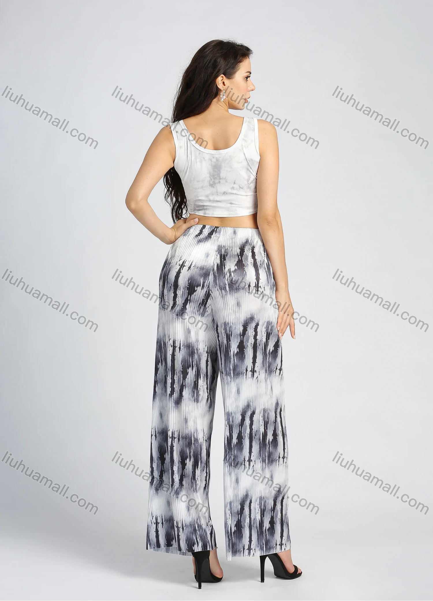 Wholesale Women's Casual Tie Dye Scoop Neck Crop Tank Top & Wide Leg Pants 2 Piece Set - Liuhuamall