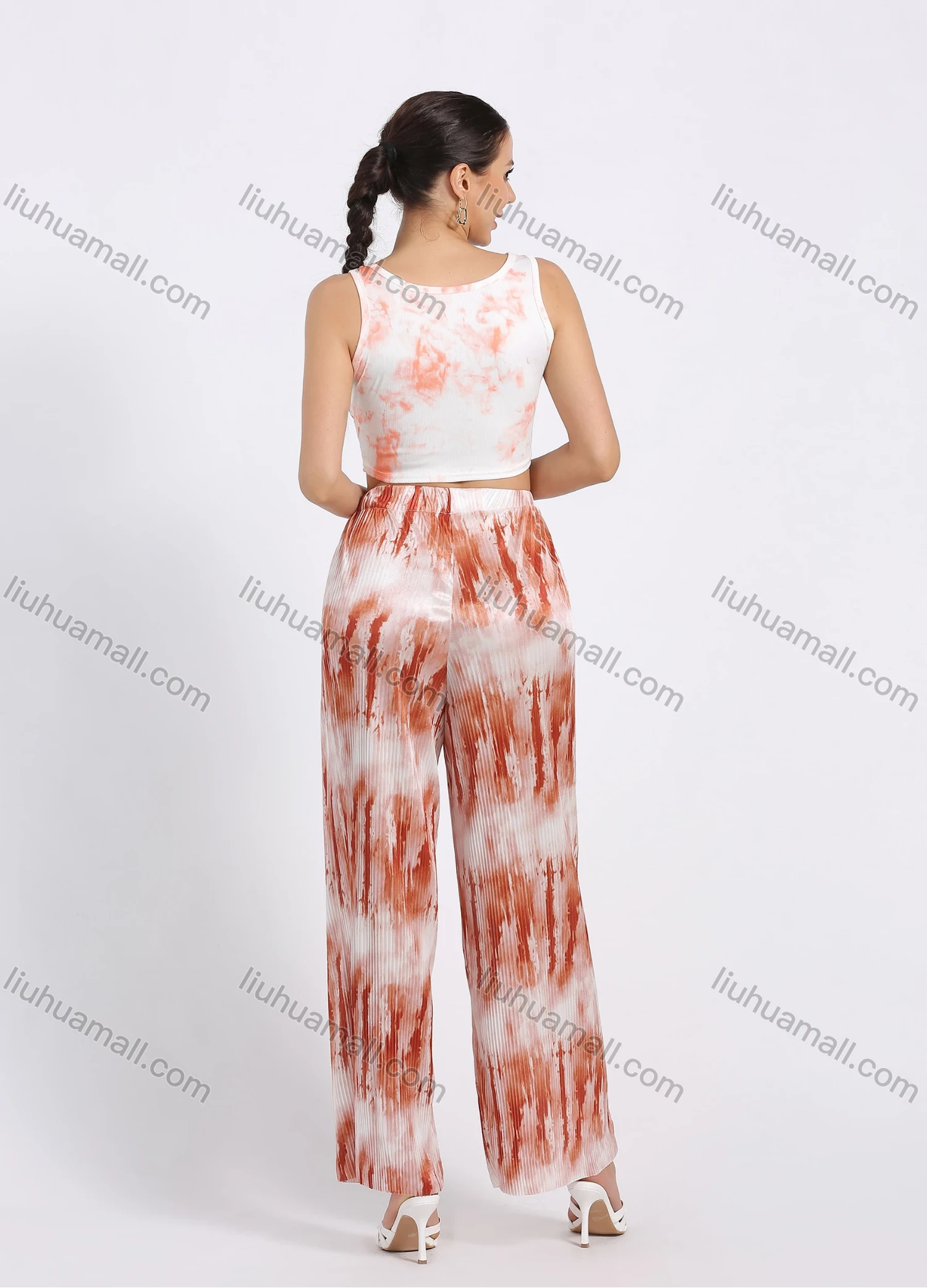 Wholesale Women's Casual Tie Dye Round Neck Crop Tank Top & Wide Leg Pants 2 Piece Set - Liuhuamall