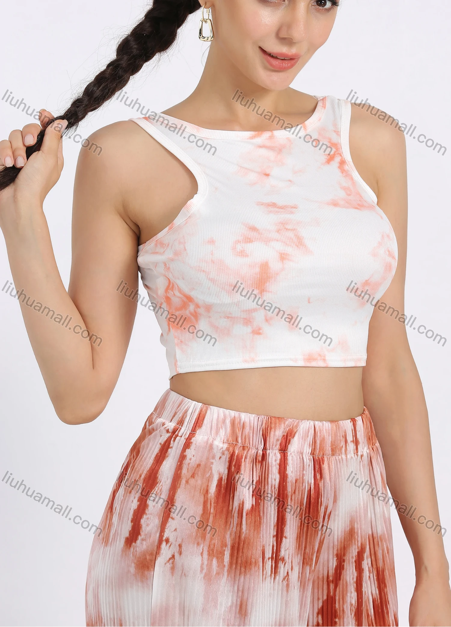 Wholesale Women's Casual Tie Dye Round Neck Crop Tank Top & Wide Leg Pants 2 Piece Set - Liuhuamall