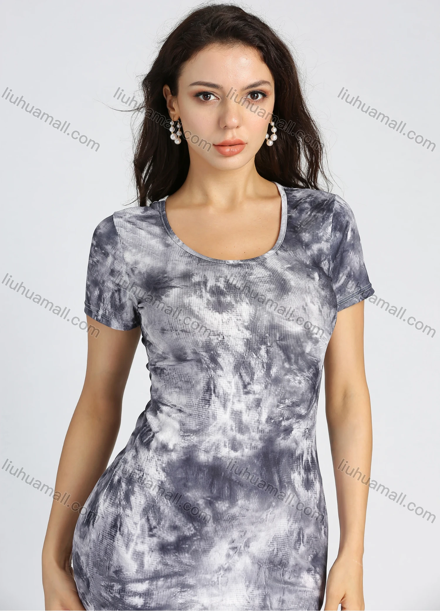 Wholesale Women's Casual Slim Fit Short Sleeve Round Neck Tie Dye Mini Dress - Liuhuamall