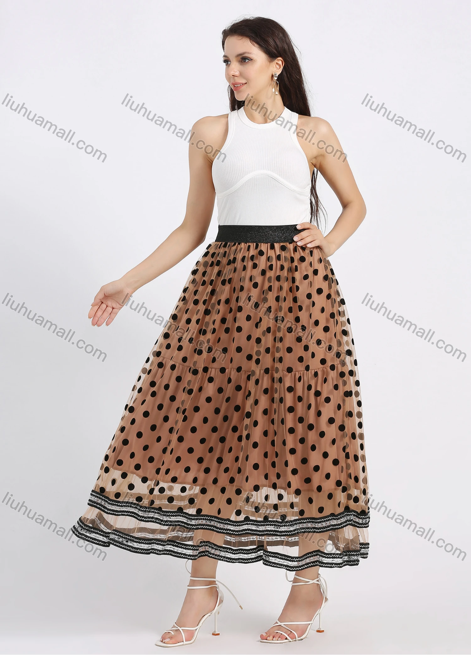 Wholesale Women's Casual Polka Dot Flock Elastic Waist Layered Flared Maxi Skirt - Liuhuamall