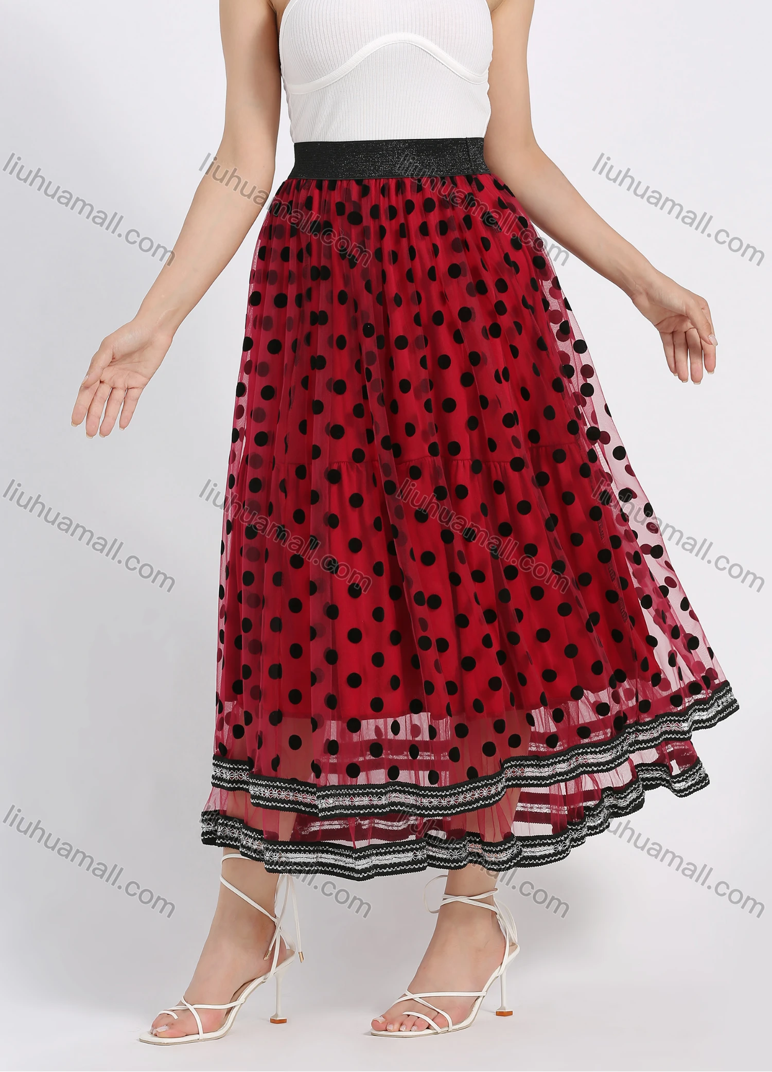 Wholesale Women's Casual Polka Dot Flock Elastic Waist Layered Flared Maxi Skirt - Liuhuamall