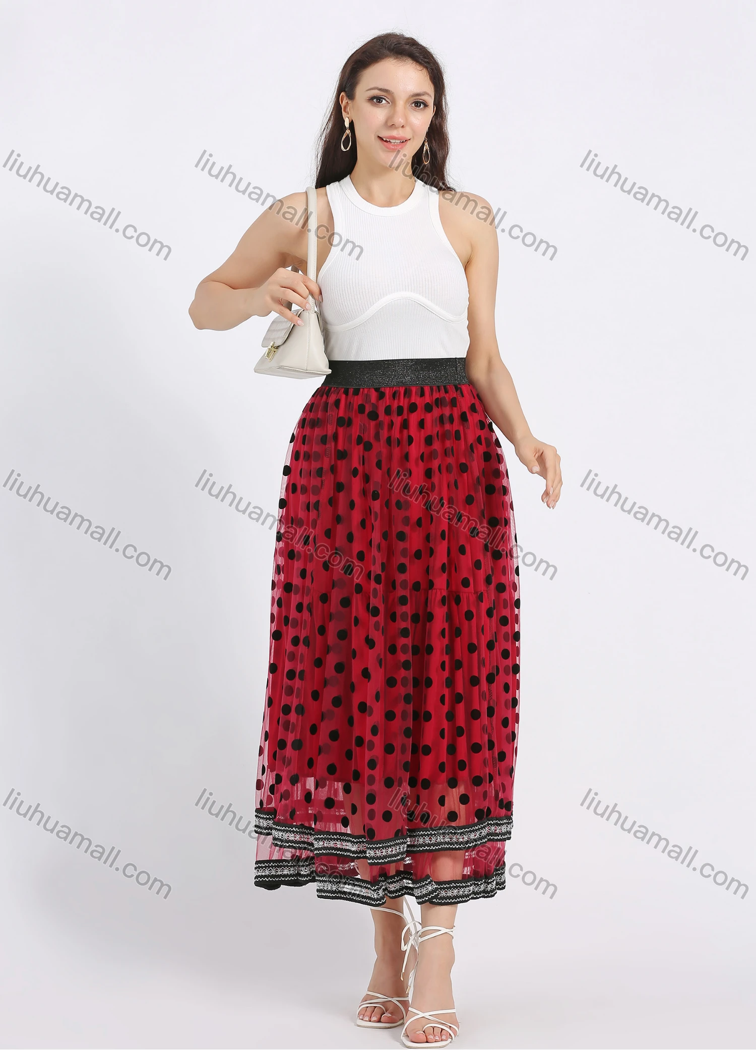 Wholesale Women's Casual Polka Dot Flock Elastic Waist Layered Flared Maxi Skirt - Liuhuamall