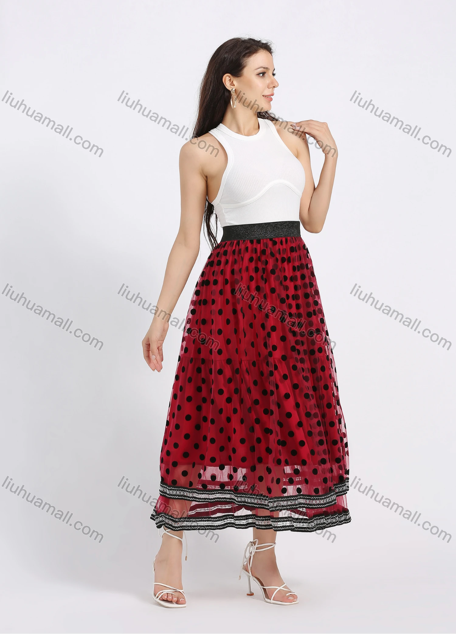 Wholesale Women's Casual Polka Dot Flock Elastic Waist Layered Flared Maxi Skirt - Liuhuamall