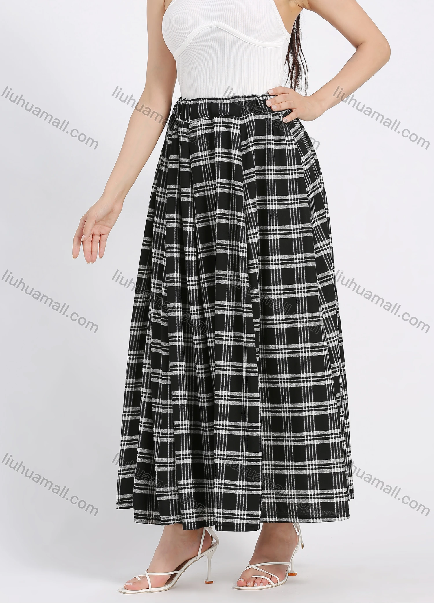 Wholesale Women's Casual Plaid Print Elastic Waist A-Line Maxi Skirt - Liuhuamall