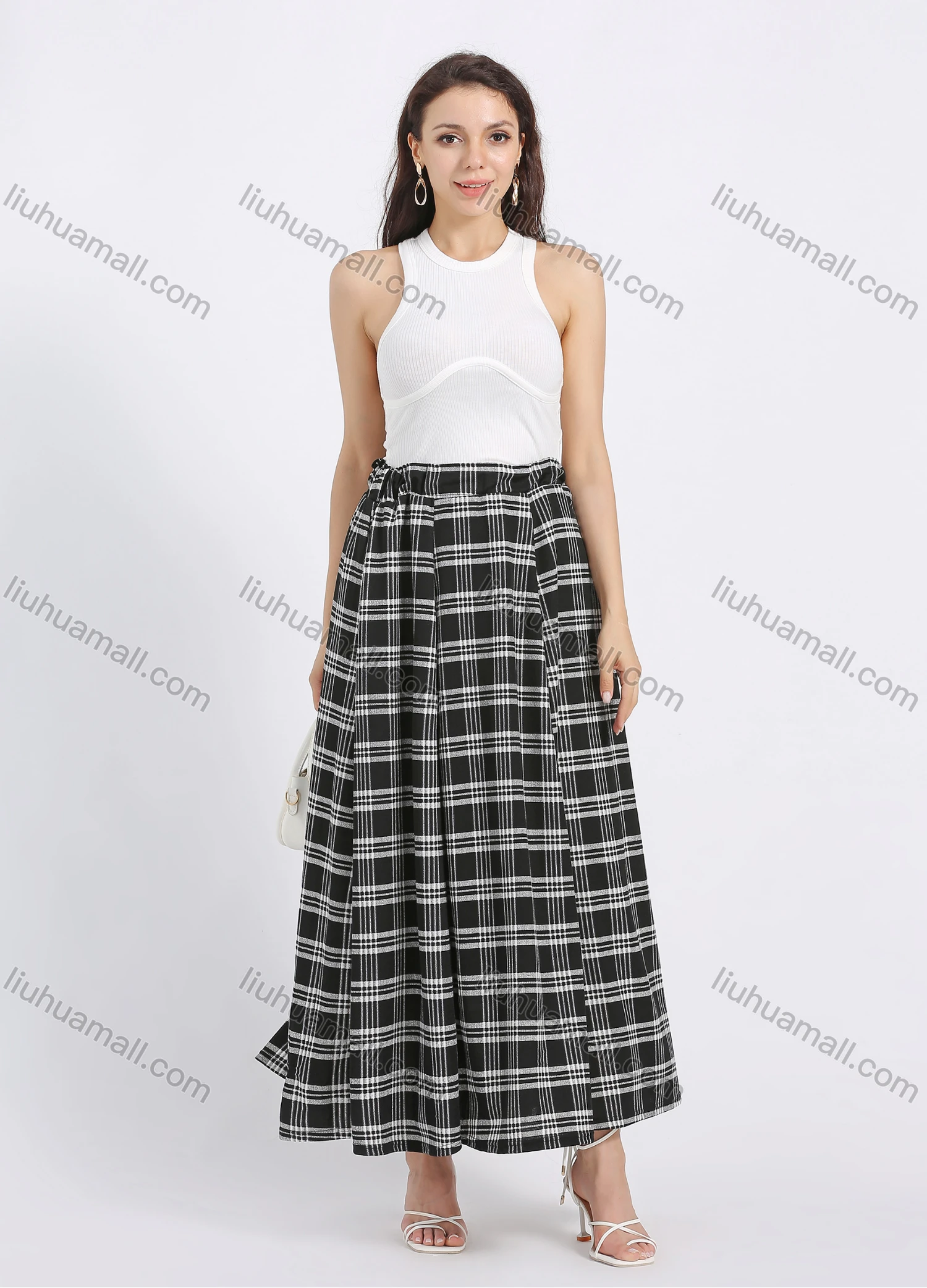 Wholesale Women's Casual Plaid Print Elastic Waist A-Line Maxi Skirt - Liuhuamall