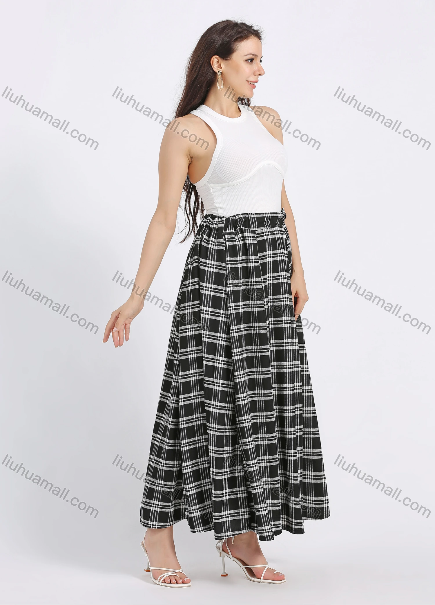 Wholesale Women's Casual Plaid Print Elastic Waist A-Line Maxi Skirt - Liuhuamall