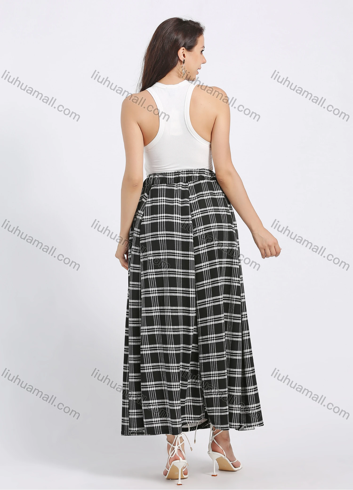 Wholesale Women's Casual Plaid Print Elastic Waist A-Line Maxi Skirt - Liuhuamall