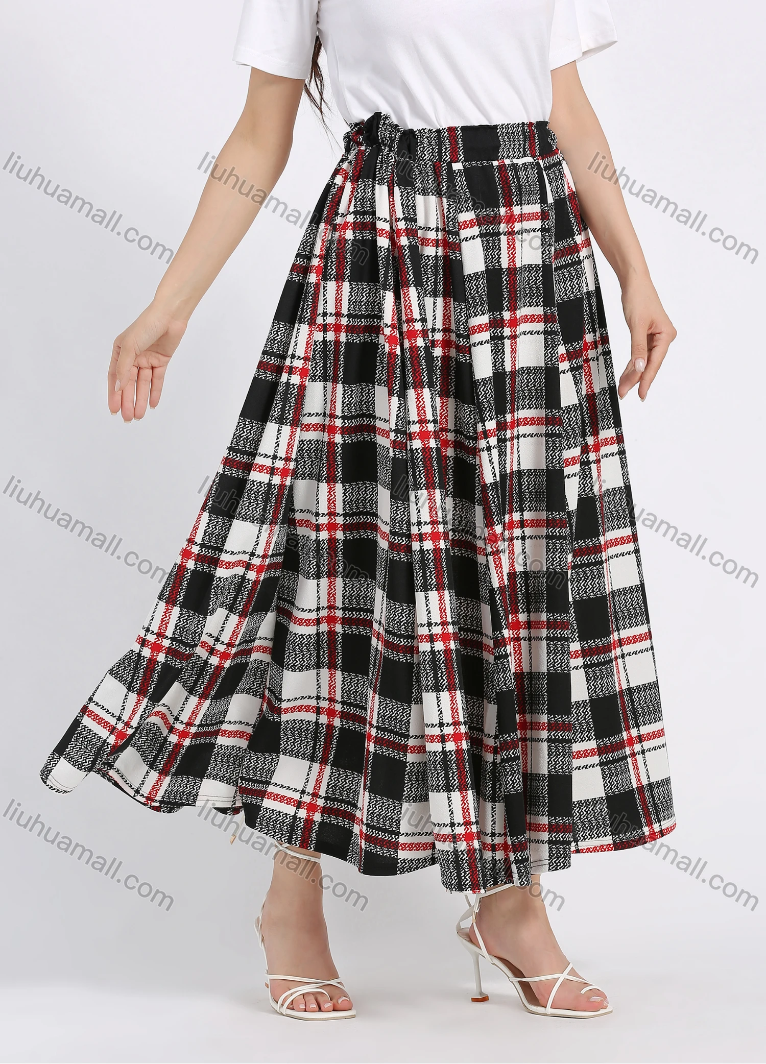 Wholesale Women's Casual Plaid Print Elastic Waist Pleated Flared Maxi Skirt - Liuhuamall