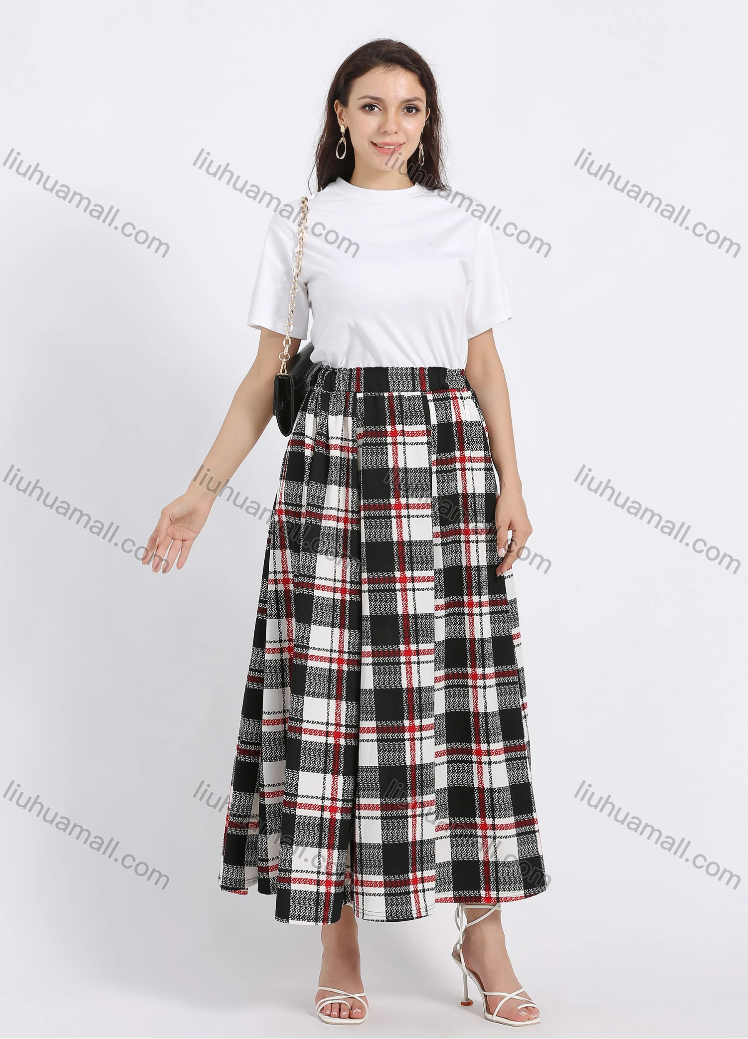 Wholesale Women's Casual Plaid Print Elastic Waist Pleated Flared Maxi Skirt - Liuhuamall