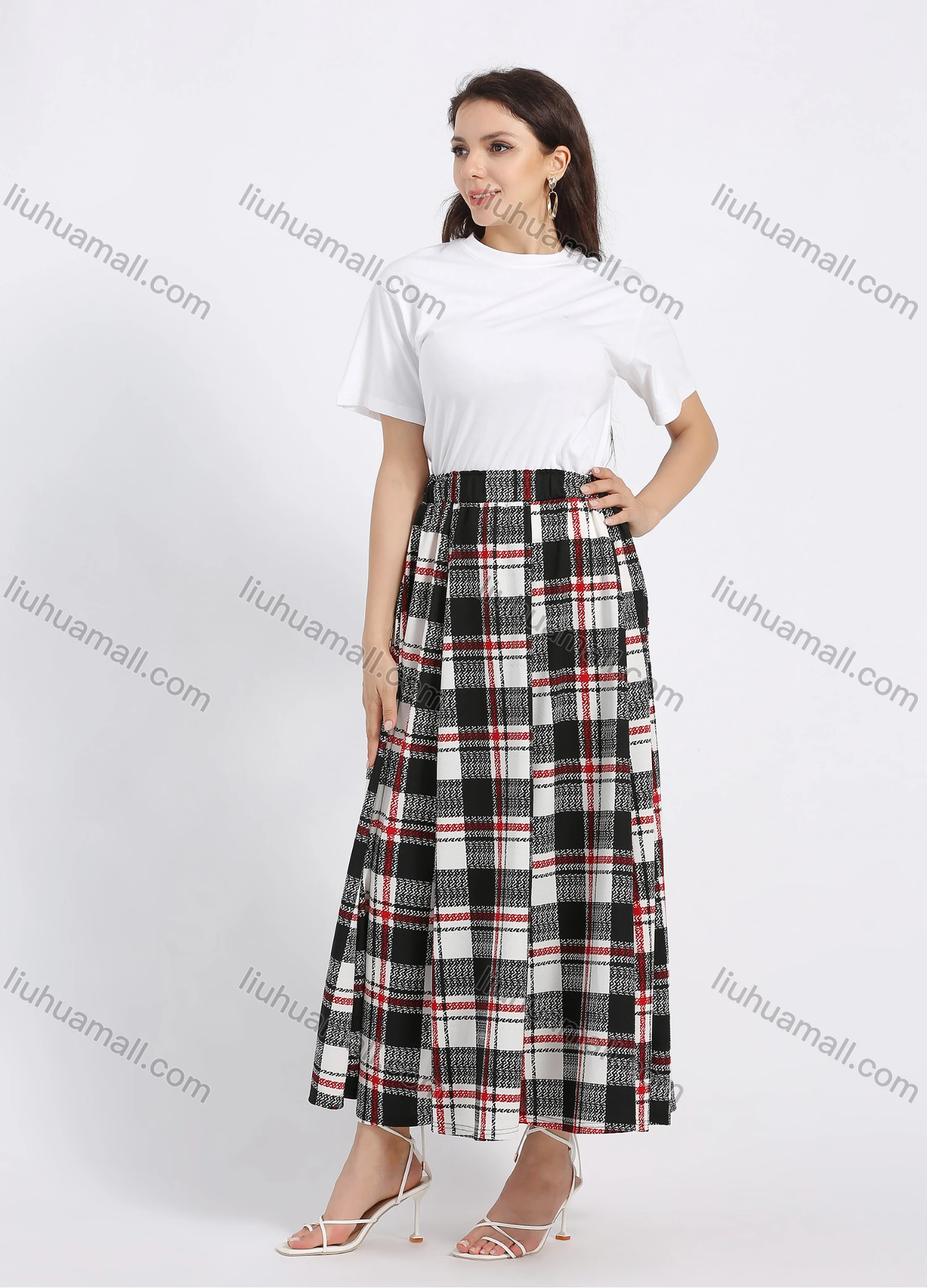 Wholesale Women's Casual Plaid Print Elastic Waist Pleated Flared Maxi Skirt - Liuhuamall