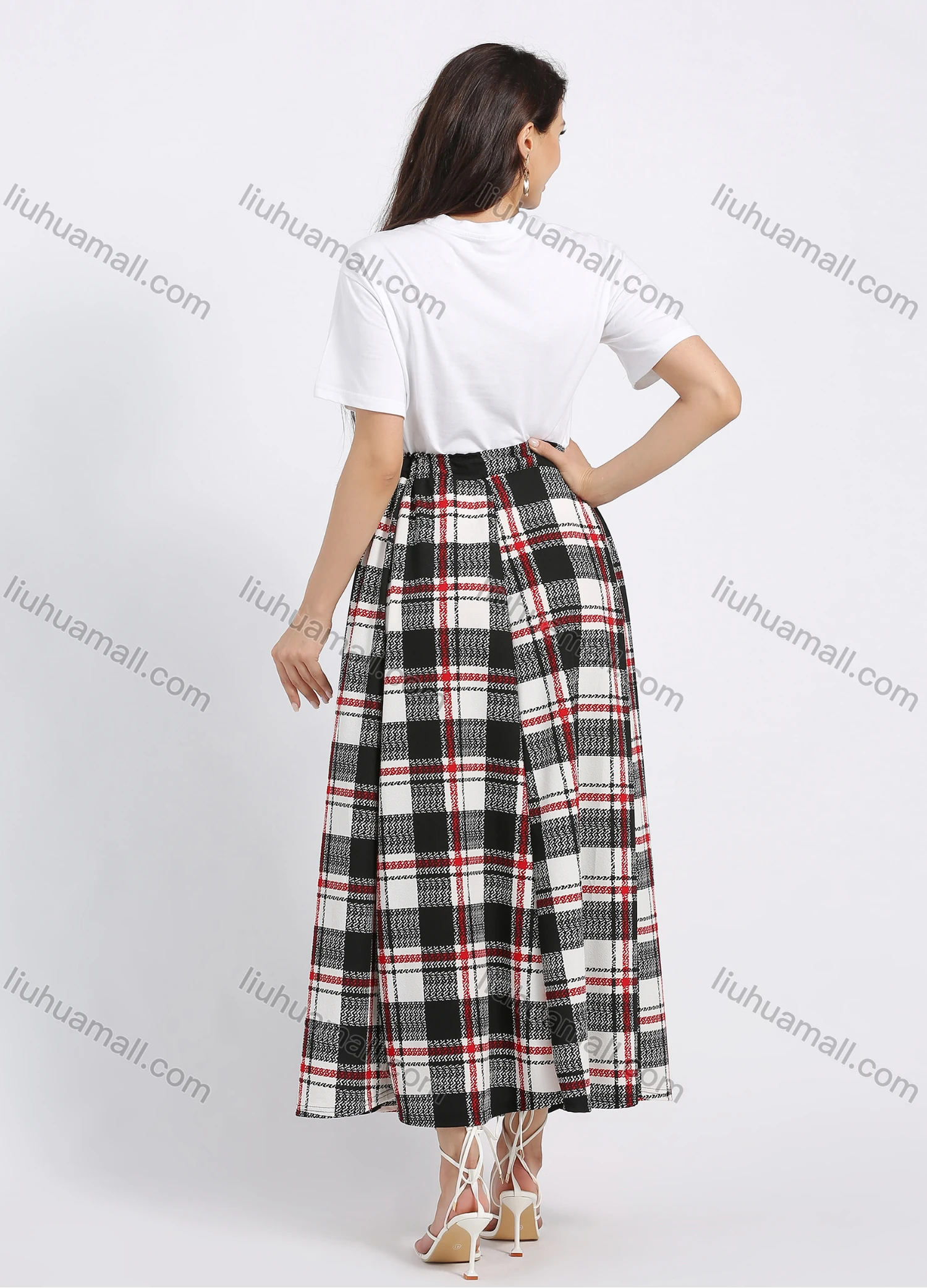 Wholesale Women's Casual Plaid Print Elastic Waist Pleated Flared Maxi Skirt - Liuhuamall